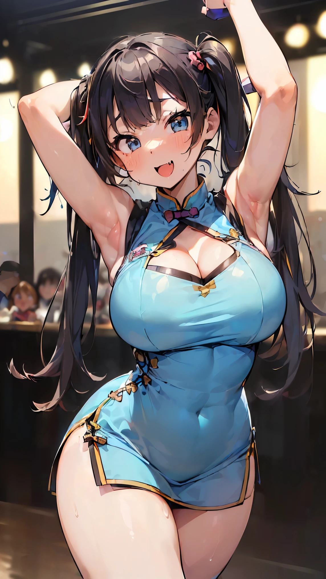 (Extremely Super Big Breasts :1.6),( Super big breasts:1.6),(masterpiece:1.2、 ( young dancer:1.3) ,(男を魅了するdance:1.5),( nightclub　 stage　dance:1.2)、 straight bangs、  Twin Tails、  blue eyes、 Thin Waist, big butt,(China mini dress:1.4)、(Exposure:1.2),( whitening:1.4)、 Extraordinary Big Breasts、lipstick、  I'm sweaty、( Happy face:1.2),(Happy to be seen :1.2),( saggy :1.3),( Shibuya gal who is too cute today:1.3),(Fang:1.4),( female :1.3),( Stretching :1.3),( idol:1.3),( fan service:1.3),( elementary schoolキ:1.3),(The  who noticed the color),(Lori:1.3),( full of energy:1.3),(Boyfriend&#39;s perspective:1.5)