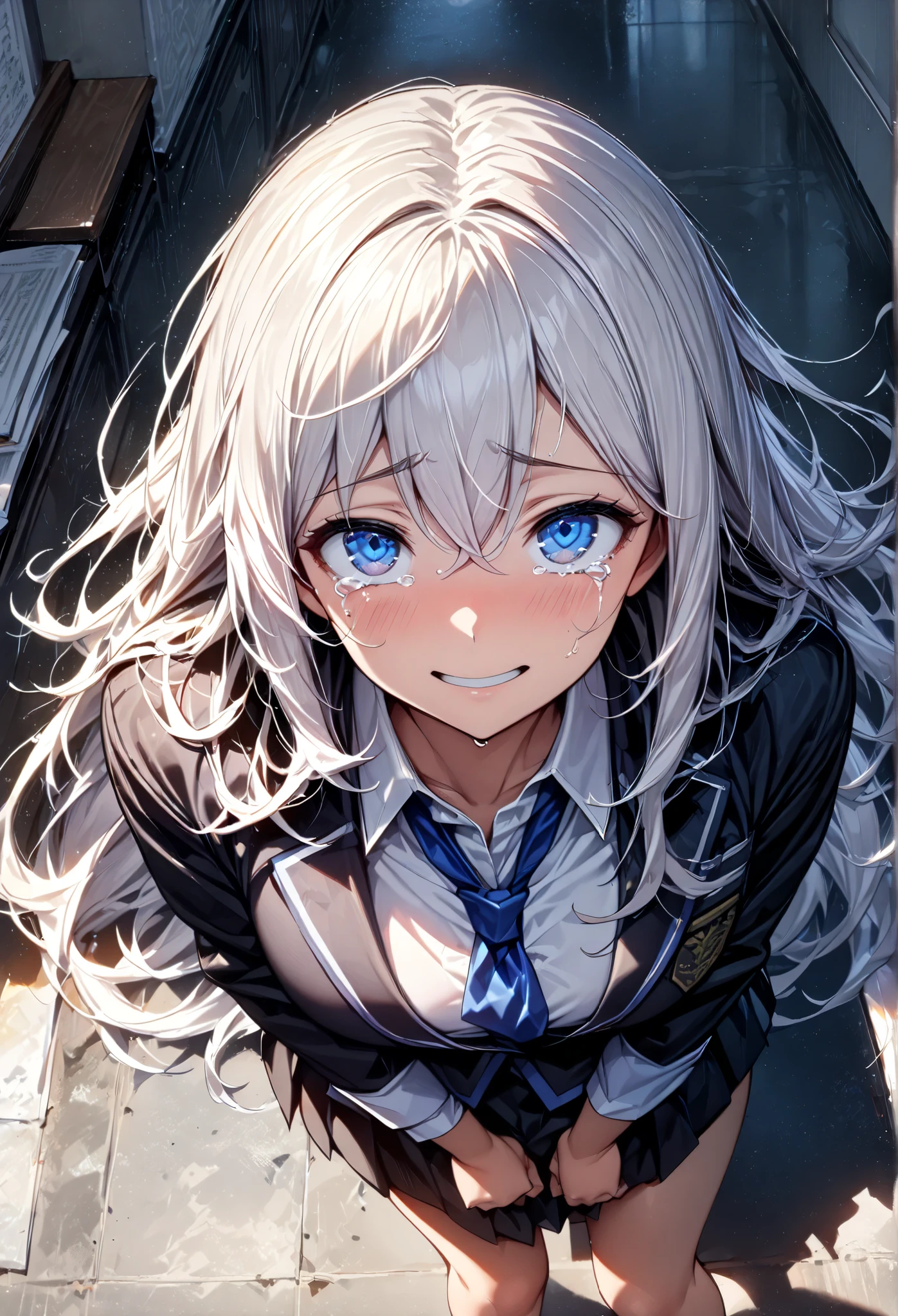 (  Masterpiece ,   top quality:1.2), 1 girl, Alone,  Expressive blue Eyes , Crouch on the floor, ((Looking up)),  looking at camera,  Female College Student,  white haired long hair,, Big  uniform, Troubled face,Forcing herself to smile , I have tears in my eyes, (Looking to camera), (((cowboy shot))), ((( Shedding Tears and Asking for Forgiveness )))