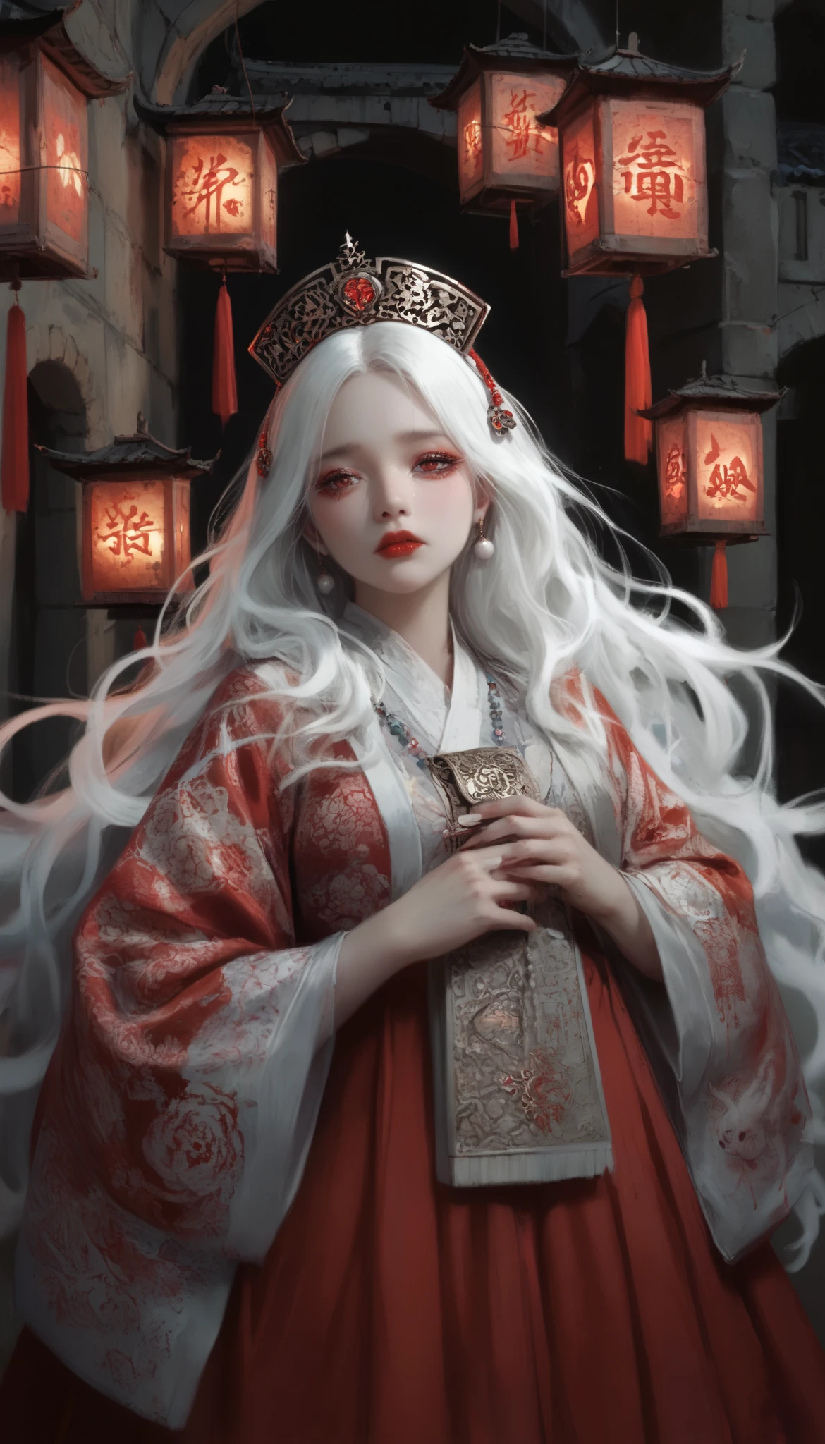 (masterpiece,   best quality  :1.2),  1 woman,   alone, Maiden Ghost Monster,   Korean , Hanbok,  White Sobu , White hair, Temple, I, (  huge boobs   :1.4),   Red Eyes, Lantern  ,   very long hair  ,  clear skin ,  Black Eye Line , Red lips, sad expression, Shedding tears of blood,  cool atmosphere, 