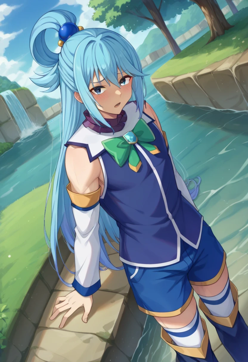 score 9 、score 8 up、score 7 up、source anime、masterpiece、 best quality 、 high definition、1boy 、、AquasDxL 、 male focus、Alone、(male:1.45)、(male body:1.45)、Blue Hair、 long hair、 blue eyes、Hair ornamemt 、hair rings、 blue shirt、green bow、beautiful boy、cute boy、white thighhighs、blue knee boots、white detached sleeves、blue shorts、 blue miniskirt、aqua ( konosuba)、genderswap (female to male)、cowboy shot、looking at viewer、dutch angle、water、Outdoors、river、rock、waterfall、