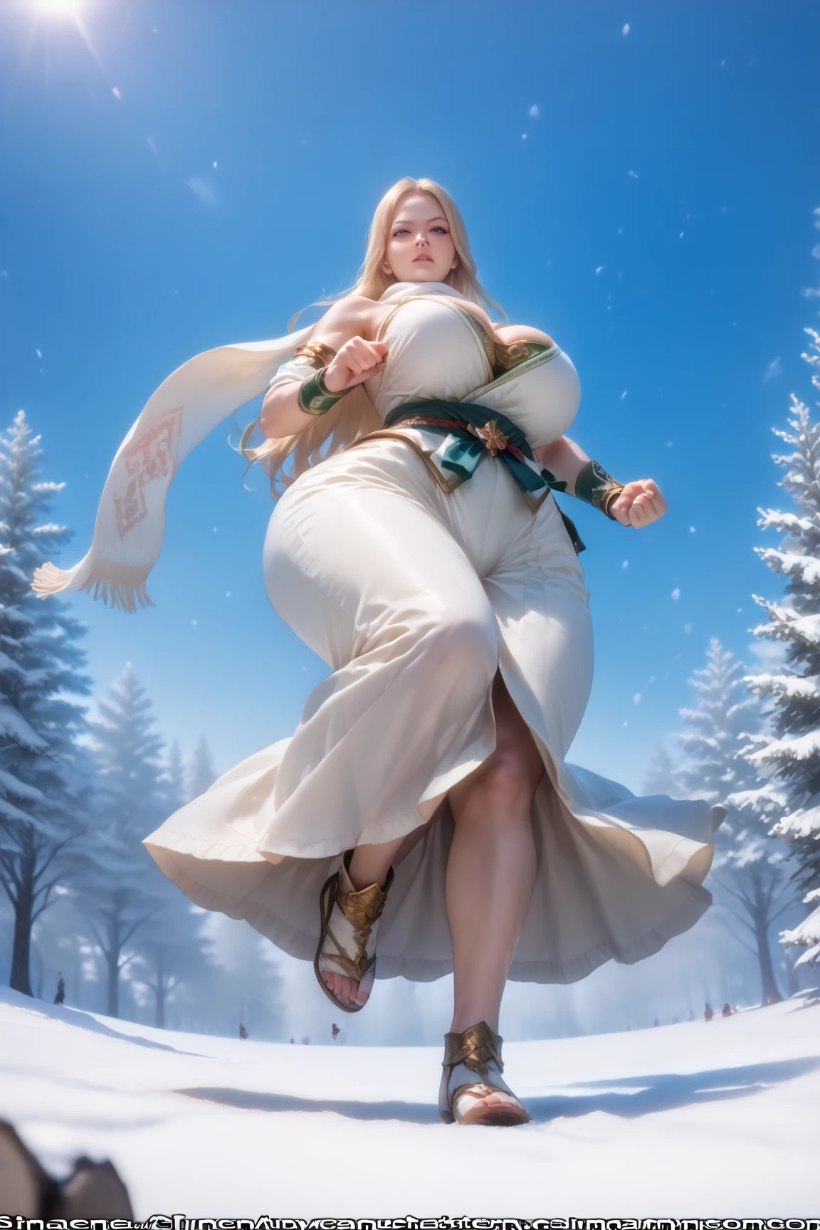 Masterpiece,  best quality ,  realistic, ( 1 girl: 1.3), blue gold white clothes ,  shawl long hair ,  jump, Leap, dance,  green gold white clothes,  Long Skirt,  long scarf , Flowing, Light Armor,  white skin like snow,  bare shoulders,  full body, (from below:1.5), martial arts, dynamics, inflammation, particle,big tits,wide hip,