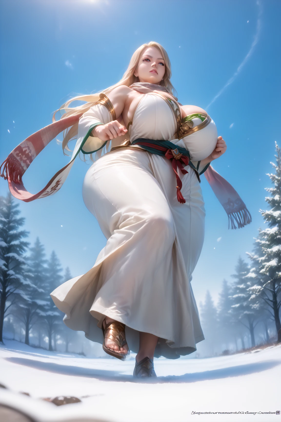 Masterpiece,  best quality ,  realistic, ( 1 girl: 1.3), blue gold white clothes ,  shawl long hair ,  jump, Leap, dance,  green gold white clothes,  Long Skirt,  long scarf , Flowing, Light Armor,  white skin like snow,  bare shoulders,  full body, (from below:1.5), martial arts, dynamics, inflammation, particle,big tits,wide hip,