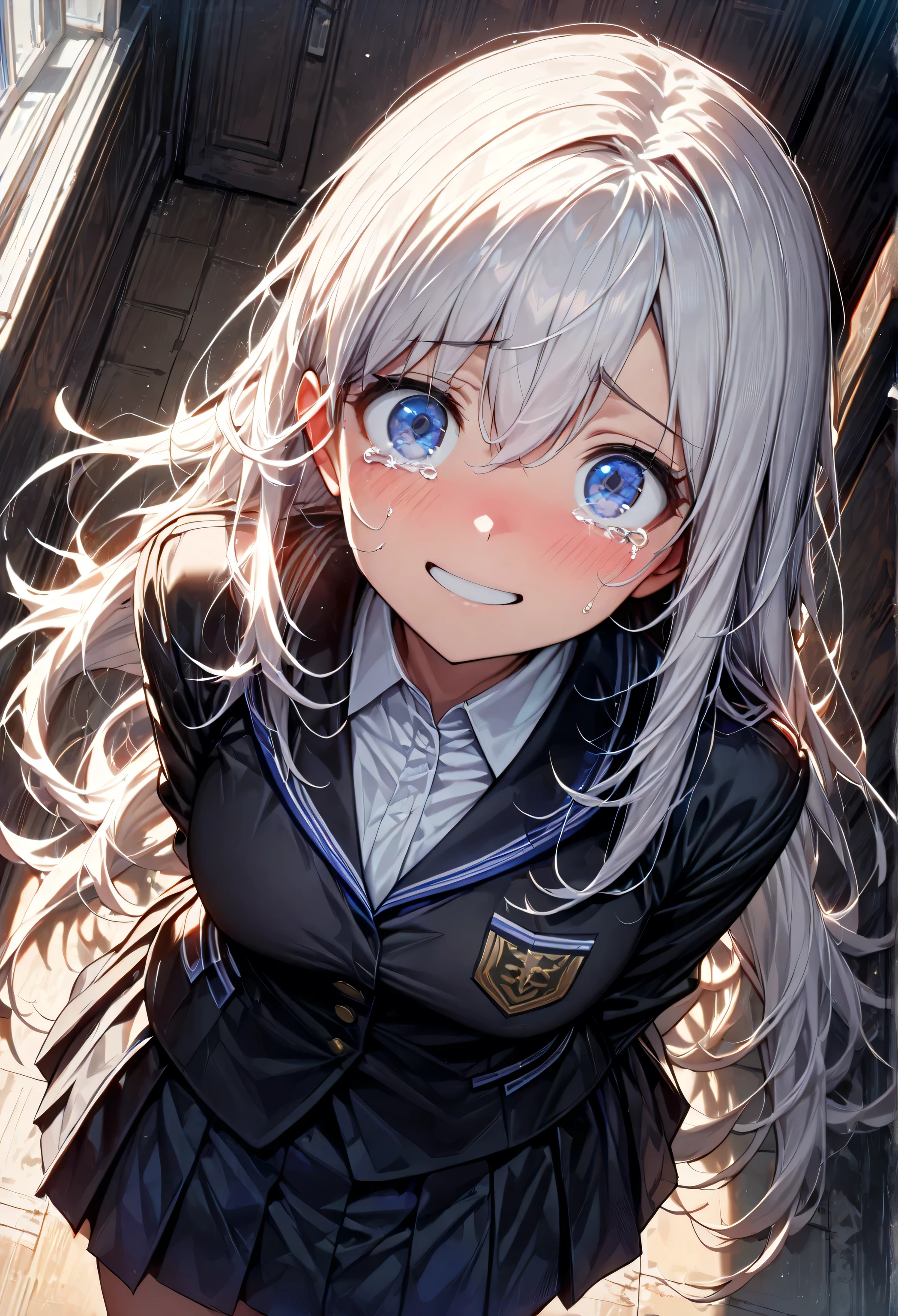 Anime girl with long white hair and blue eyes standing in front of a ...