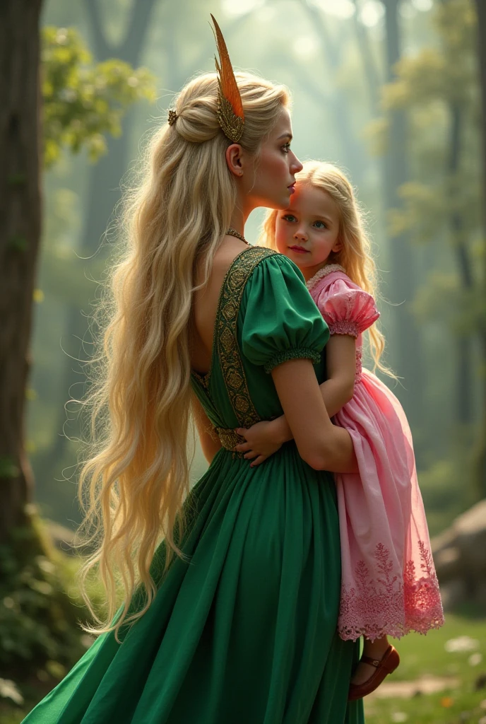 A beautiful Crying screaming Targaryen women with long curly braided platinum blonde hair and wearing a royal green night gown holding a 5 years old Little Targaryen Princess with platinum blonde hair and running through a varanda of royal castle, she's screaming with fear and grief,her child on her shoulder