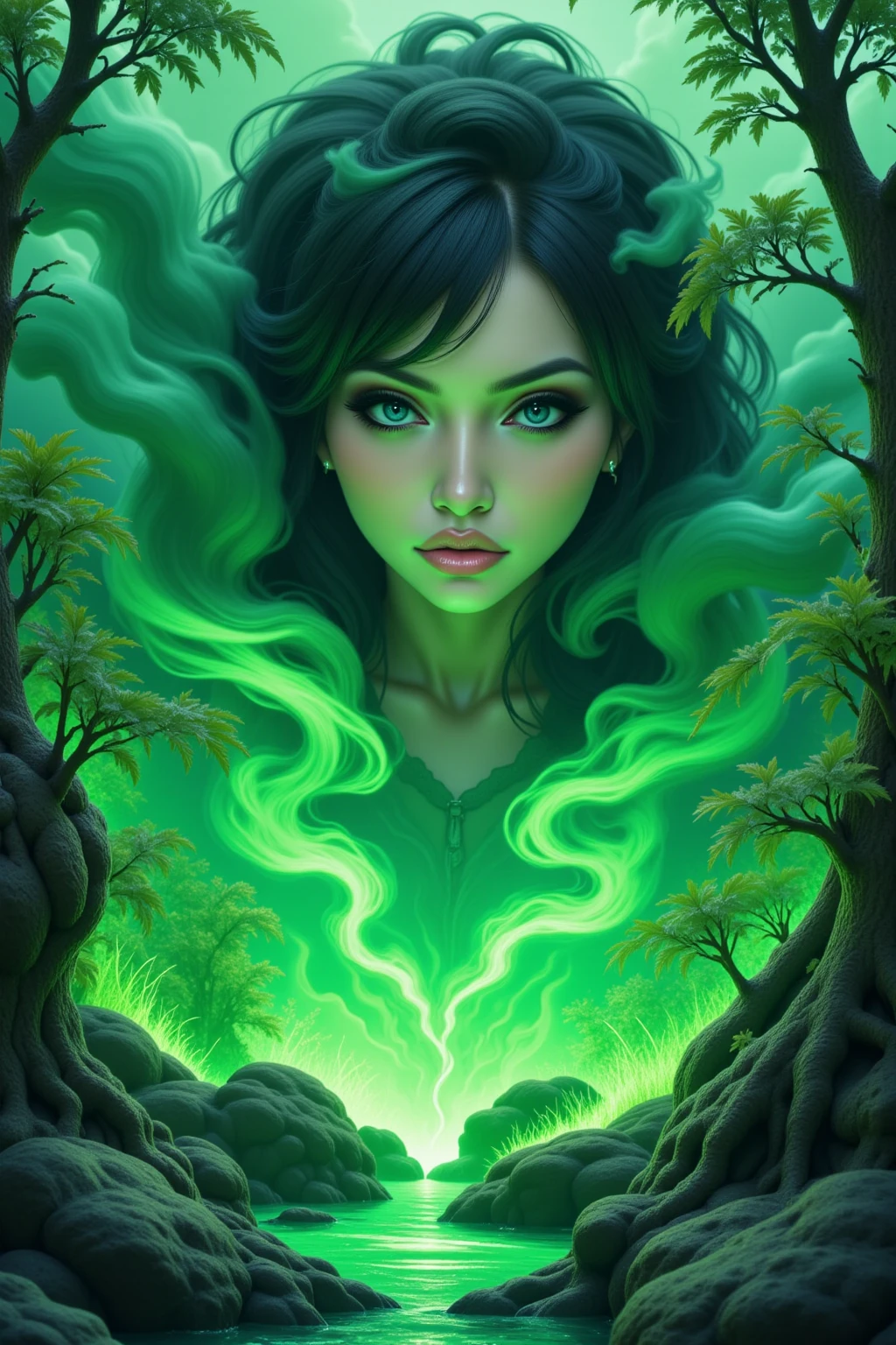 (Ultra-detailed face, looking away, Fantasy Illustration with Gothic, Ukiyo-e, Comic Art, Rich colors), 
BREAK 
(This is a world made of green acid. In the pool of acid, there is a gush of smoke and a pungent green smoke. Plants made of glass fibers suck up the acid from their roots, and the acid drips from their trunks, stems, and leaves like rain.)