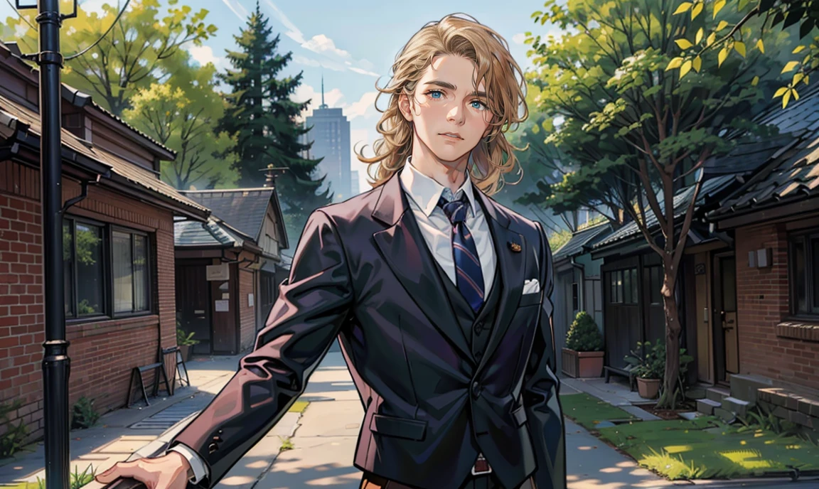 (masterpiece, best quality), 1 male, 26 years old:1.4, tall slender guy, finely detailed eyes and detailed face and detailed clothing, intricate details, realistic, very handsome, curly long blond hair:1.7, dark eyes:1.4, romantic beautiful face:1.5, professionally-dressed in a button-down shirt and tie: 1.4, teacher:1.4, flustered, Has a disarmed expression on his face:1.7, looking at viewer:1.5, standing outside a secondary-school building, surrounded by trees.