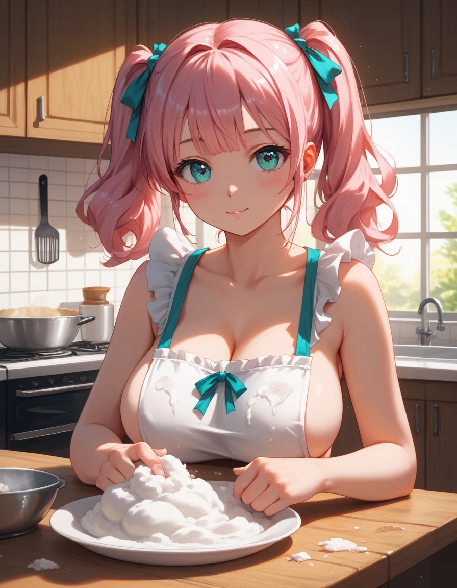 (best quality:1.2), (ultra-detailed:1.2), (2.5D:1.2), (Anime Moe Art Style), (no broken hands), (no broken hands) cute woman , pink-mint hair, two side up, Cyan eyes, gradient eyes, large breasts, Nude Lace Frill Apron, bare shoulders,  detailed kitchen, table, there is flour on the table, table is covered in flour, a heap of flour