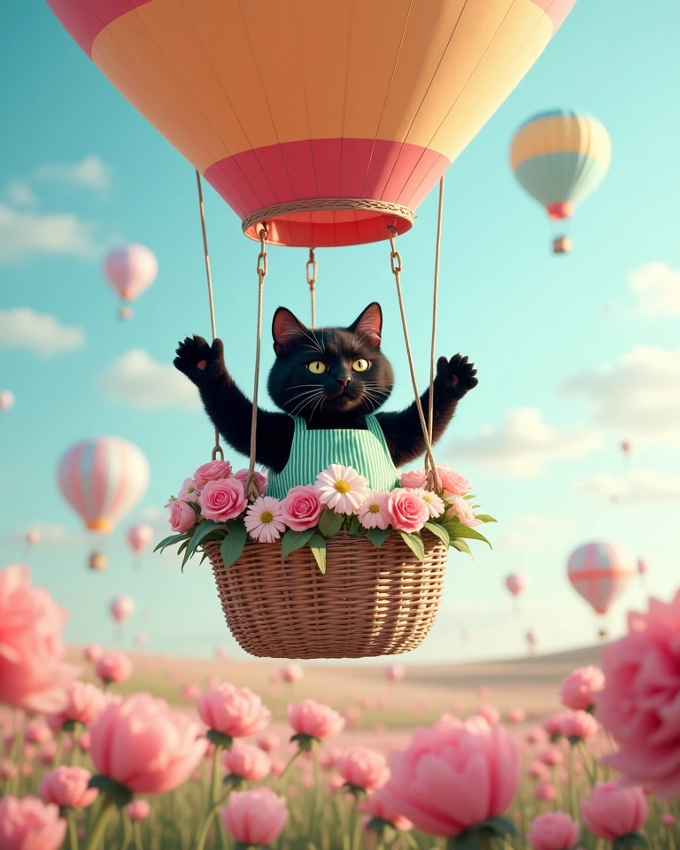 ultra-realistic, photorealistic, dramatic scene, shadow, global-illumination, the human-like giant black cat\(wearing a vertical striped green apron, black cat \), the cat is riding in the basket of a hot air balloon and floating in the air in the various pastel colored flower field with full bloom, a hot air balloon is rising up into the sky, the large basket of the hot air balloon is gorgeously decorated with various pastel colored flowers, sunny day in winter, spectacular view of vast flower field with large hot air balloon, very cute pastel colors of pink and light blue with light green