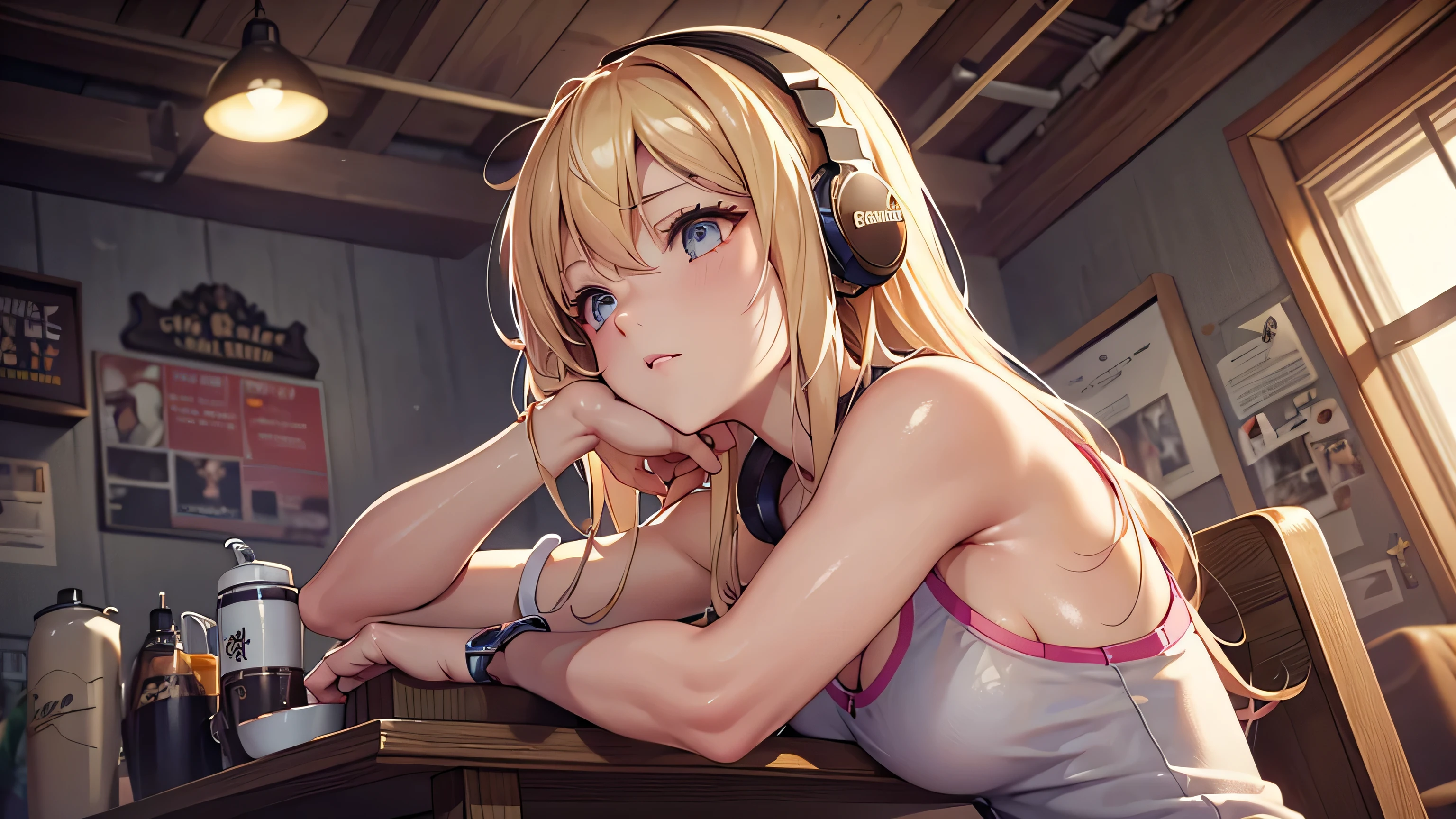 blonde gamer girl leaning into the camera, photo from front above, red hoodie, large white gamer headphones, medium breasts, skintight white top:1.2, cleavage, pink bra:1.2, looking at viewer, soft colors, cinematic lighting, perfect anatomy:1.2, round breasts:1.2, well-organized, neat:1.2, perfect proportions,