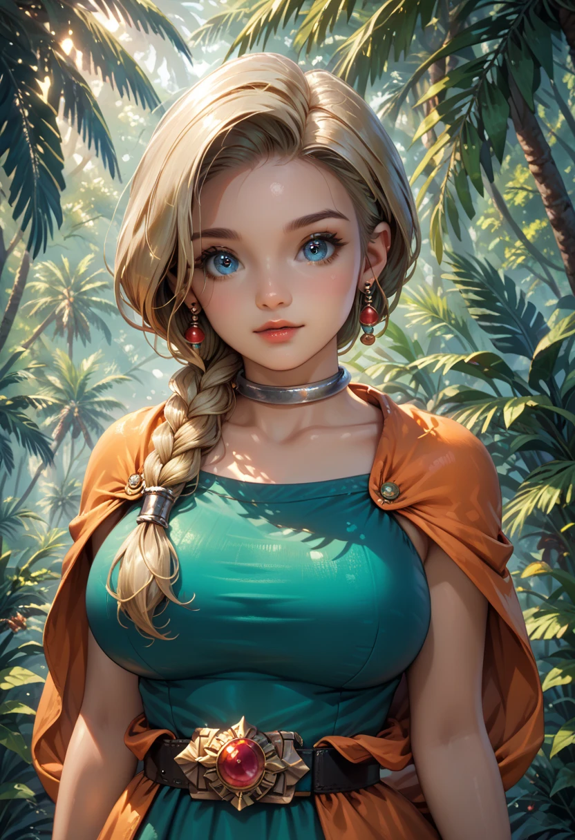 (masterpiece, best quality:1.2), dqBianca, single braid, hair over shoulder, earrings, silver choker, orange cape, green dress, belt with a buckle embedded with a glowing blue crystal catches the light,, sleeveless, ultra-realism, (fantasy art scene set in a mystical forest), where sunlight beams pierce through the dense canopy of trees, from front, cowboy shot, looking at viewer, (detailed cute face:1.1), shiny skin, captivating eyes, large breasts, (raising their hand confidently, as magical energy gathers in their palm:1.4), 