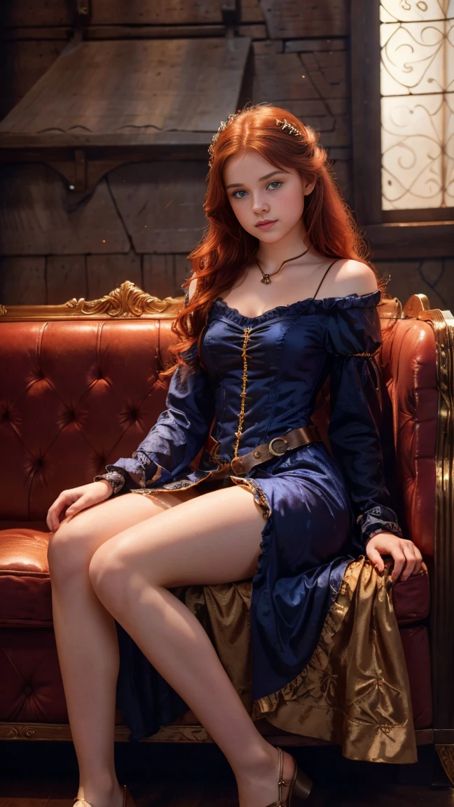 ((  lift full body illustration)),((   high resolution)), ((Univers Steampunk  )), ((pale skin)),   freckles, ((long, wavy red hair  )),  ((18 years))   girl :1.6, ((  Beautiful ****  girl :1.6)),with blue eyes,   cheeks blush  , Smiling, ((Middle Ages )),((Sits on a fine sofa from the Middle Ages)), ((short medieval dress)),((Raise the dress and show her panties)),((Elegant Pose)),((  Masterpiece  )),((cinematic)),((   high resolution))