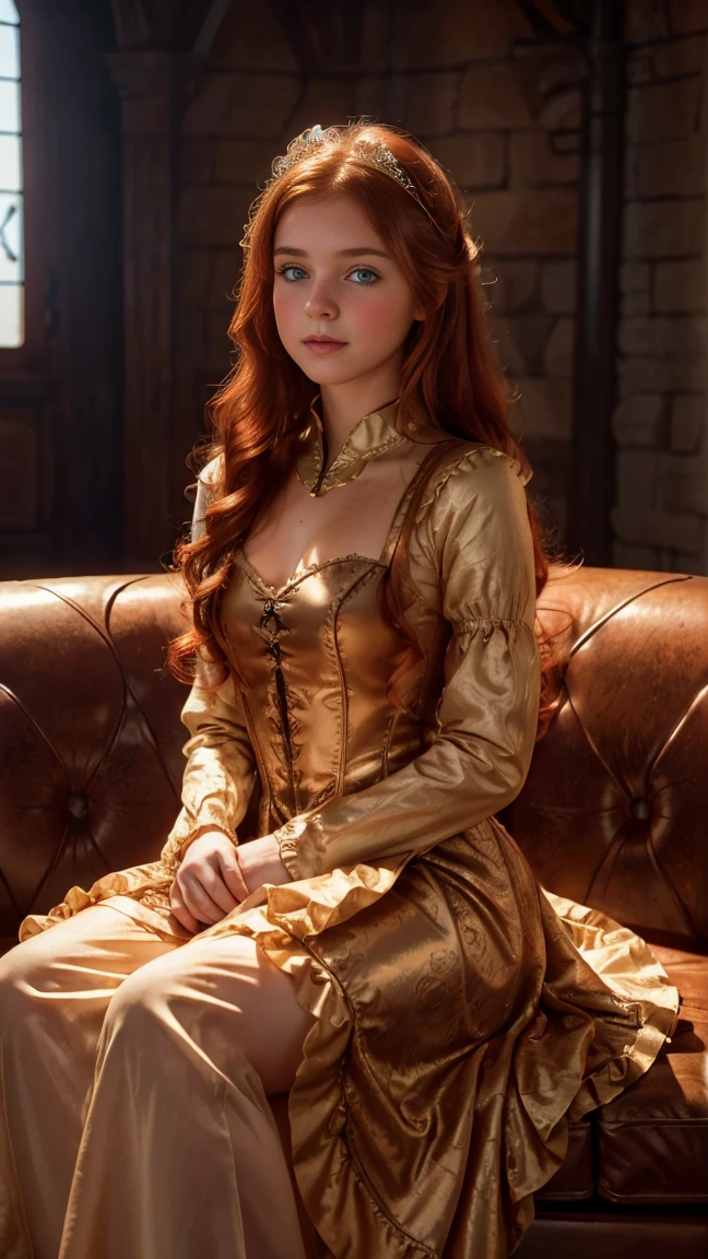 ((  lift full body illustration)),((   high resolution)), ((Univers Steampunk  )), ((pale skin)),   freckles, ((long, wavy red hair  )),  ((18 years))   girl :1.6, ((  Beautiful teen  girl :1.6)),with blue eyes,   cheeks blush  , Smiling, ((Middle Ages )),((Sits on a fine sofa from the Middle Ages)), ((short medieval dress)),((Raise the dress and show her panties)),((Elegant Pose)),((  Masterpiece  )),((cinematic)),((   high resolution))