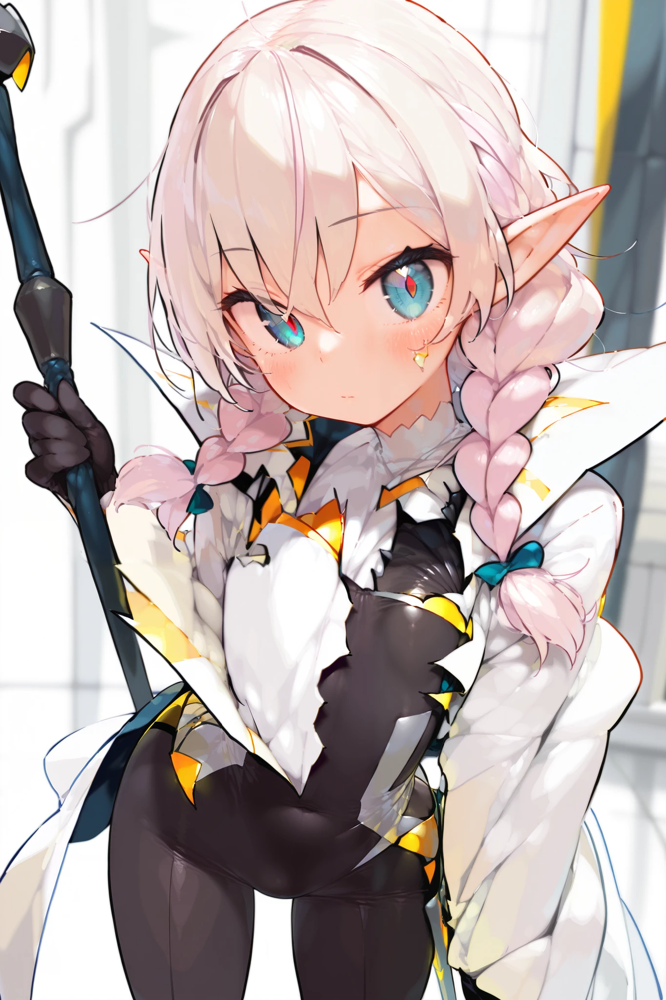 score_9, score_8_up, score_7_up, score_6_up, score_5_up, score_4_up,  
BREAK
(masterpiece: 2.0), best quality, perfect anatomy, perfect composition, perfection,
BREAK
1girl, elf, calm expression, round face, pointed ears, light pink hair, blue eyes, double braids, cloak, holding a staff, thick eyebrows, flat chest,  

