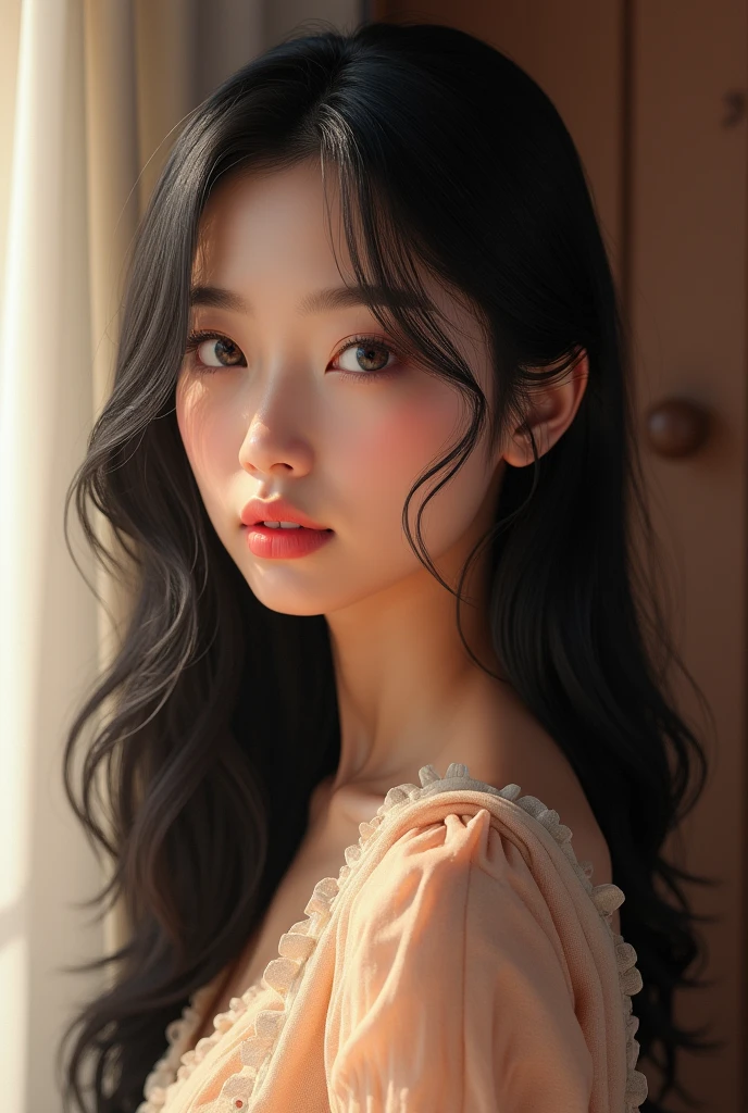 a beautiful Korean woman aged 15, long curly hair, bright white face, gray eyes, wet red lips, plump body, plump arms, beautiful fingers with red nails, large normal breasts, wearing cute patterned pajamas, big hips and plump thighs, smooth shining skin, ilaying on a white bed with a challenging pose, very realistic, 8K, high resolution.
