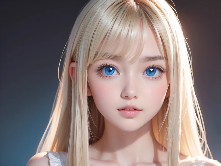 Exceptional sexy beauty、Beautiful calm and bright expression、sexy refreshing look、Perfect beautiful cute face with long bangs、Super long shiny platinum blonde straight hair、beautiful face hair、Very cute beautiful sexy young woman、very perfect beautiful cute face、Large, bright, light blue eyes that shine beautifully、very big eyes、small face beauty、cheek gloss highlight