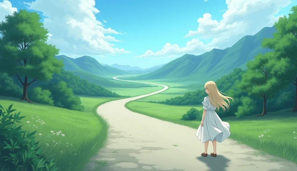 Create an image of an anime character sitting on the grass, Sitting with their back to the viewer, lost in thought, with a beautiful landscape around them in high definition