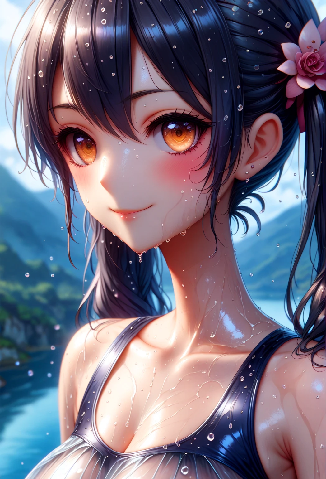 (masterpiece),(best quality),<lora:Harumi:0.75>, Harumi, grey eyes, bikini , onsen, hot water, immersed, forest, smile, snow, cloud, bloodmoon, milky way, stars, shooting stars, <lora:Adddetail:0.7>, RAW photo, blush, upper body