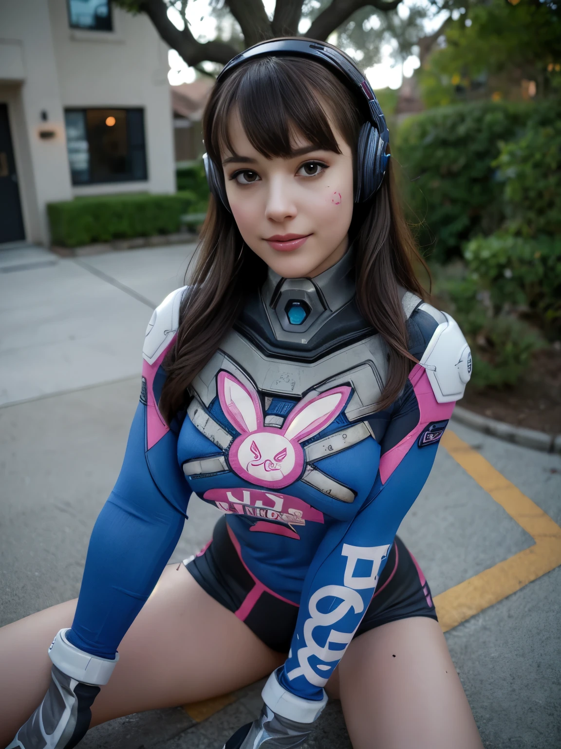 DVaOver, 1girl, solo, d.va (overwatch), brown hair, long hair, whisker markings, breasts, facial mark, realistic:1.4, mini dva suit only under , open suit, beautiful detailed girl,very detailed eyes and face,beautiful detail eyes,ridiculous,incredibly ridiculous,super detailed,high resolution,very detailed,, weapon, gun, headphones, brown eyes, medium breasts, gloves, sitting, white gloves, holding, skin tight, bangs, meverwatch), swept bangs, pilot suit, holding gun, holding weapon, parted lips, animal print, lips, looking at viewer, handgun, pink lips, bunny print, facepaint, ribbed bodysuit, smile, shoulder pads, mecha, high collar, clothes writing, finger on trigger, robot, blue bodysuit, hdr, no underwear, no panties, full nude, show vagina hairly, wide open legs, super wet , show nipples in medium breasts, shadow +10.0, exposure +1., soft lighting body, huge squirt gape vagina.open legs:1.5, spread legs.