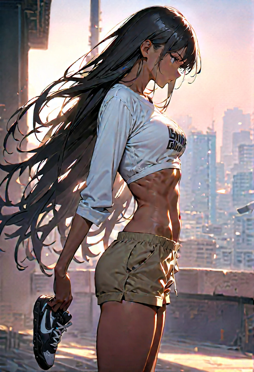"Cool giant, Relaxed hippie style with crop top and baggy pants. A toned and athletic physique、It speaks to its incredible strength.. She appears to be taking a leisurely stroll through the bustling streets of GTS City., The buildings towering above. Smoke and clouds swirling, Enhance the grand scale and drama. The lighting is dim, Pushed down, Realistic, Create a tense and ominous atmosphere. Perspective from the bottom, Emphasizing the absolute majesty and power of the giants." ?????