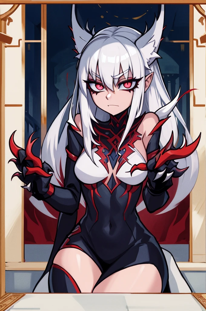 masterpiece, best quality, yameroyandere, (crazy smile: 1.2), yandere, red background, constricted pupils, red eyes, blood on face, empty eyes, large breasts, gothic woman, long black hair, deep shadows, horns