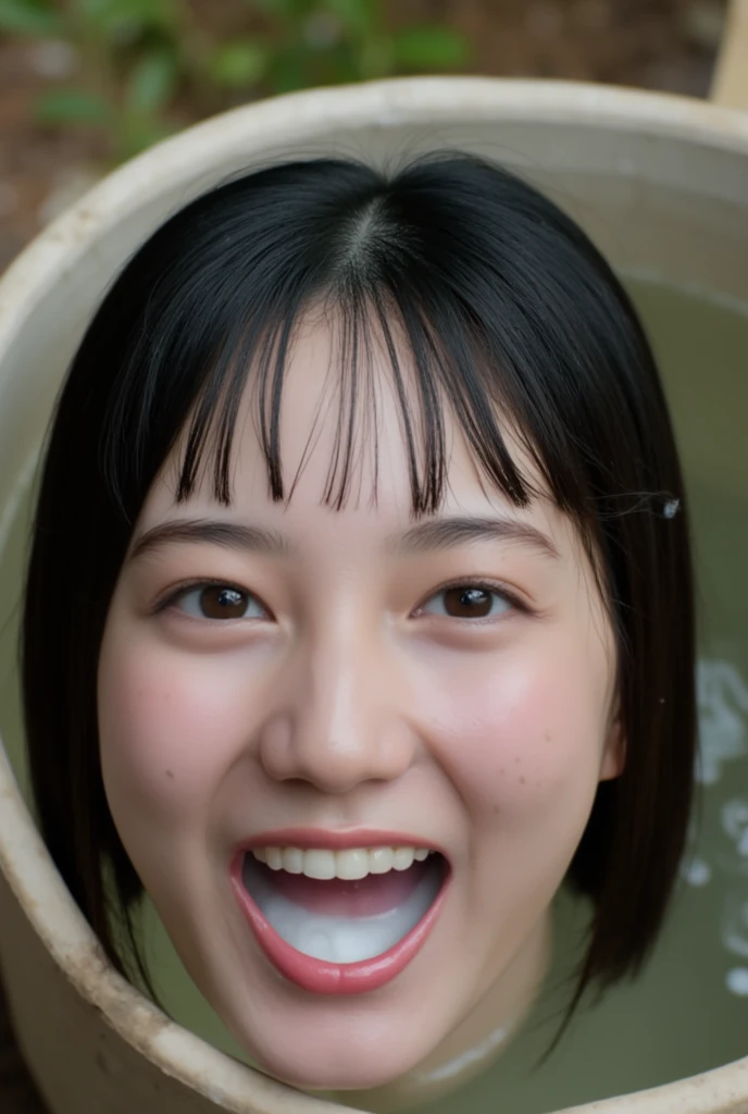 (The high resolution photograph of a young Japanese woman's disembodied head in a plant-pot without plants on the table), photo realistic, masterpiece, amazing quality, intricate details, professional lighting, close-up of her head, face focus, black hair with thick blunt bangs, detailed face, detailed eyes, sophisticated nose, (open mouth, cum in mouth), profile, view from above, looking up at the viewer, outdoors, daylight, tomak,