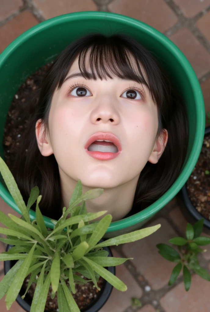 (The high resolution photograph of a young Japanese woman's disembodied head in a plant-pot without plants on the table), photo realistic, masterpiece, amazing quality, intricate details, professional lighting, close-up of her head, face focus, black hair with thick blunt bangs, detailed face, detailed eyes, sophisticated nose, (open mouth, cum in mouth), profile, view from above, looking up at the viewer, outdoors, daylight, tomak,