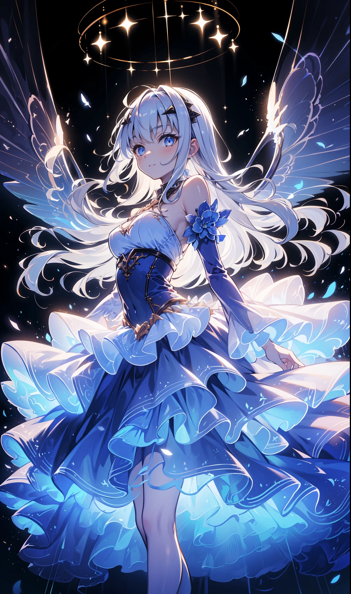 (       is of the highest quality   ,4K,8K,        high resolution on the bench   ,  masterpiece :1.2),             super detailed          ,  girl ，Holy，(       silver white hair       )，       blue eyes     ，obsessed，    Standing gracefully，玩得      happy      ，in love，    cute cloth       ，   Delicate Garments，Miss ，      happy      ，   Science fiction city background   ， unique ，   Tech Device Flying Wings