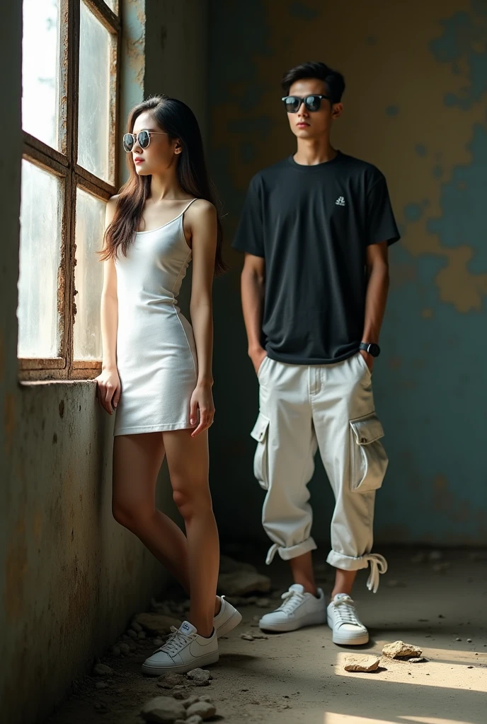 arafed man and woman in white shirts and red boots standing in front of a pile of rubble, wearing white pajamas, hot-pants, , hot pants, white russian clothes, wearing white cloths, torn shorts, perfect movie shot, daisy dukes, wearing shorts, total recall style, wearing a baggy pajamas, looking hot, sexy movie photo, no bad anatomy, clear detail photorealistic faces