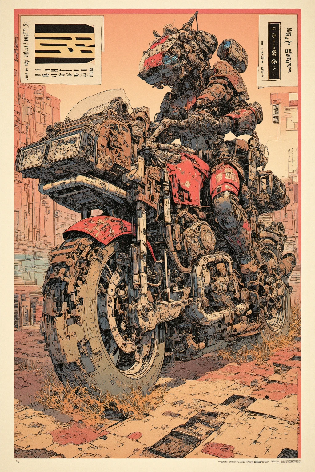  Ukiyo-e I have a picture of a Cyberpunk motorcycle ,   This is a picture with super fine details inspired by Utagawa Kuniyoshi,  ukiyo-e, Nichos  art aesthetic, Shiro Masamune style ,  Biomechanical Details ,  Hyper Detailed Illustration ,  A mix of organic matter from the anime Samurai Rider and Cyberpunk ,  detailed steampunk illustration, Nichos , Detailed Cyberpunk Rider animated illustration 