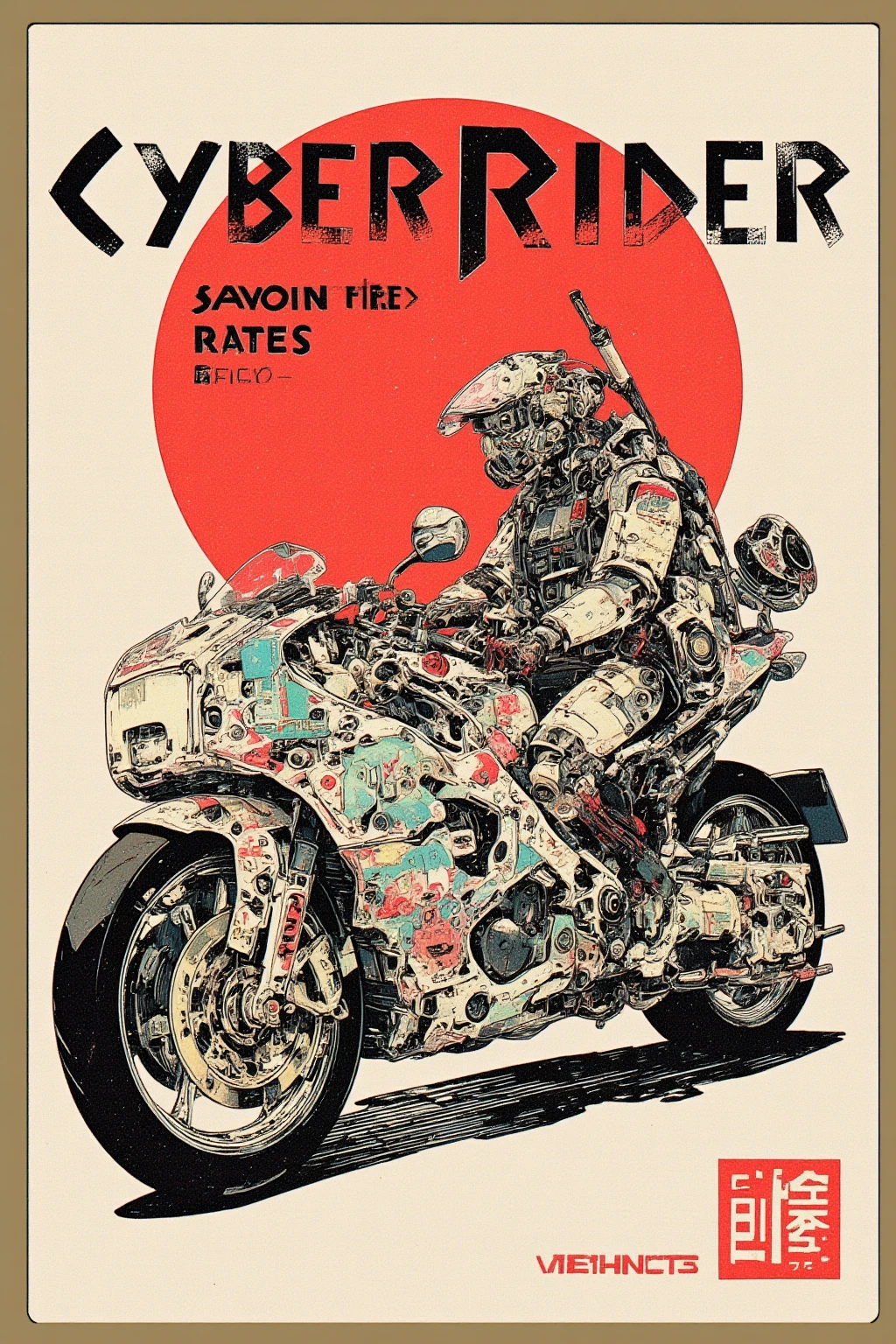  Ukiyo-e I have a picture of a Cyberpunk motorcycle ,   This is a picture with super fine details inspired by Utagawa Kuniyoshi,  ukiyo-e, Nichos  art aesthetic, Shiro Masamune style ,  Biomechanical Details ,  Hyper Detailed Illustration ,  A mix of organic matter from the anime Samurai Rider and Cyberpunk ,  detailed steampunk illustration, Nichos , Detailed Cyberpunk Rider animated illustration 