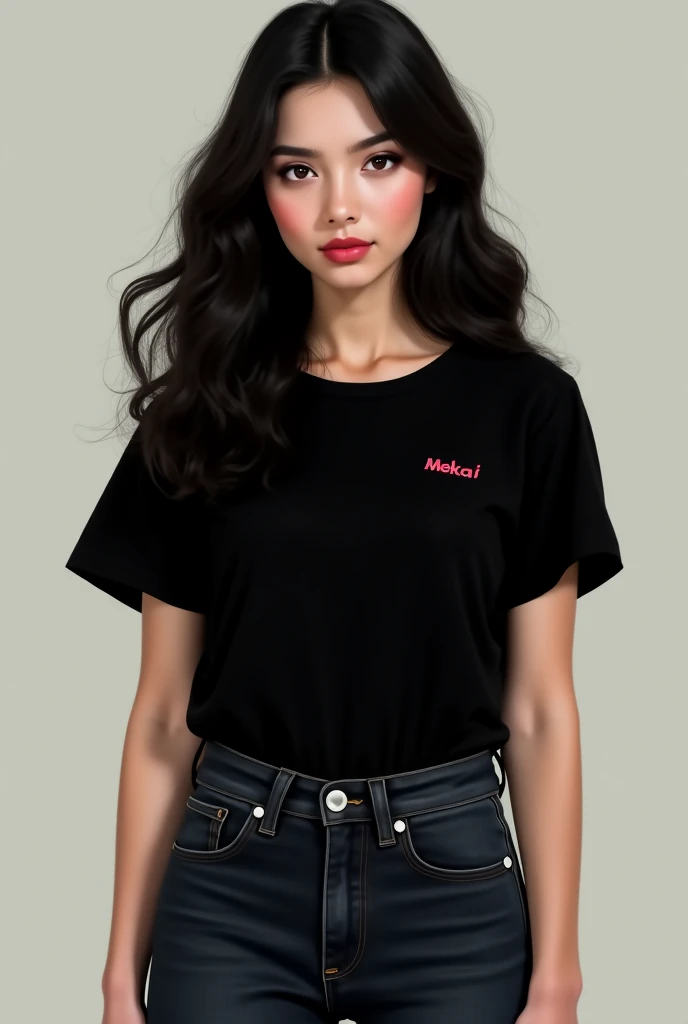 beautiful korean tattoo woman , wearing black t-shirt with Yuri written onit, blue jeans, long black hair,smoking cigarettes, giving yakuza vibes, realistic, intricate details, hard colors