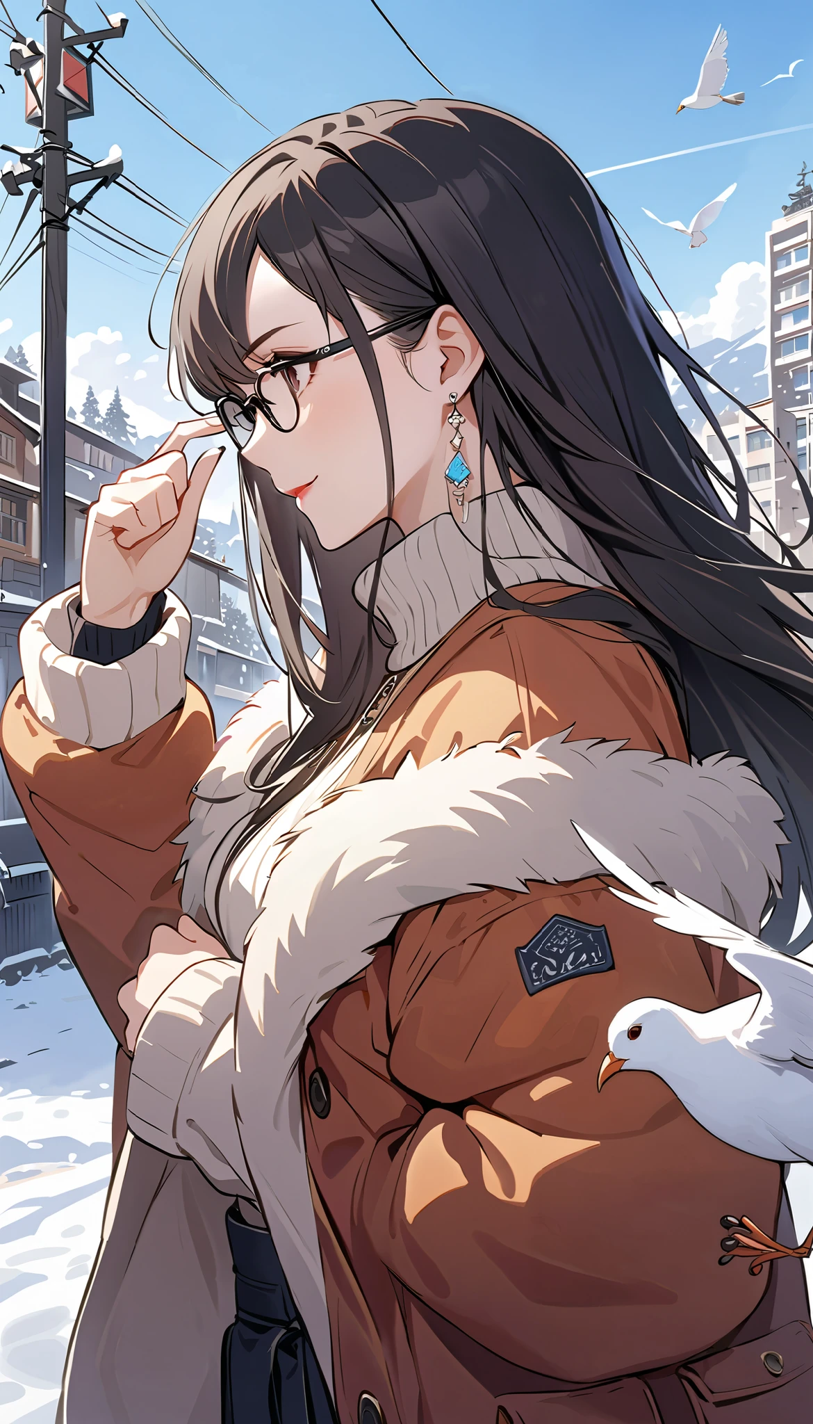same,,  from the side 1 girl , animal, animal on shoulder, bird,  black frame eyewear,  dark eyes,  black hair, blue null, Cityscape, clear null,  comments, day,  earrings, Putting on glasses,  very detailed,My glasses have been removed, fur  comments,  jacket,   jewelry,  long hair,  Side-Facing , Outdoors, Power Lines,  red lips, null, smile, snow, Alone,  sunglasses, white bird, white  comments, winter, winter clothes, , ((Masterpiece))