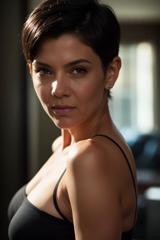 intricate detailed portrait of a mature 45 year old woman with very short black hair, beautiful detailed eyes, wearing a crop top and tank top, (best quality,4k,8k,highres,masterpiece:1.2),ultra-detailed,(realistic,photorealistic,photo-realistic:1.37),HDR,UHD,studio lighting,ultra-fine painting,sharp focus,physically-based rendering,extreme detail description,professional,vivid colors,bokeh,portrait,photorealistic,cinematic lighting,dramatic lighting,dramatic pose,high fashion,fashion photography