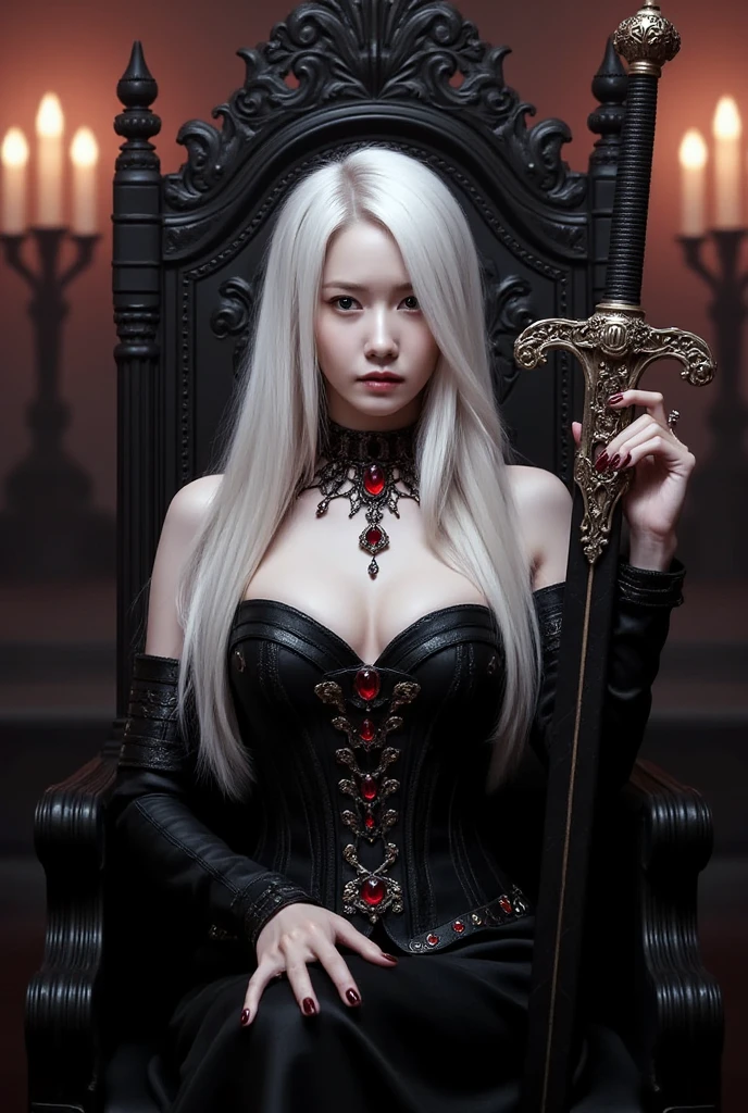 Image is a digital fantasy artwork featuring a gothic, medieval style. The layout centers on a woman seated on an ornate, dark throne with intricate carvings. She has long, flowing white hair and pale skin, with striking red eyes that stand out against her complexion. Her attire is a black, intricately designed corset with metallic accents, adorned with red gemstones that match the pendant around her neck. Her expression is intense and commanding. The background is dimly lit, with glowing candles adding a warm, ambient light. The overall atmosphere is mysterious and dark, enhanced by the presence of a large, decorative sword held upright in her hand. The setting suggests a regal, yet ominous environment, with a focus on the character's powerful and enigmatic presence. S1n0z1ck style, mythp0rt, samurai .glasses ,ct-biskitity,ct-kds,ct-chasartre,ct-abu,ct-dbe,ct-jennie,ct-vituajis