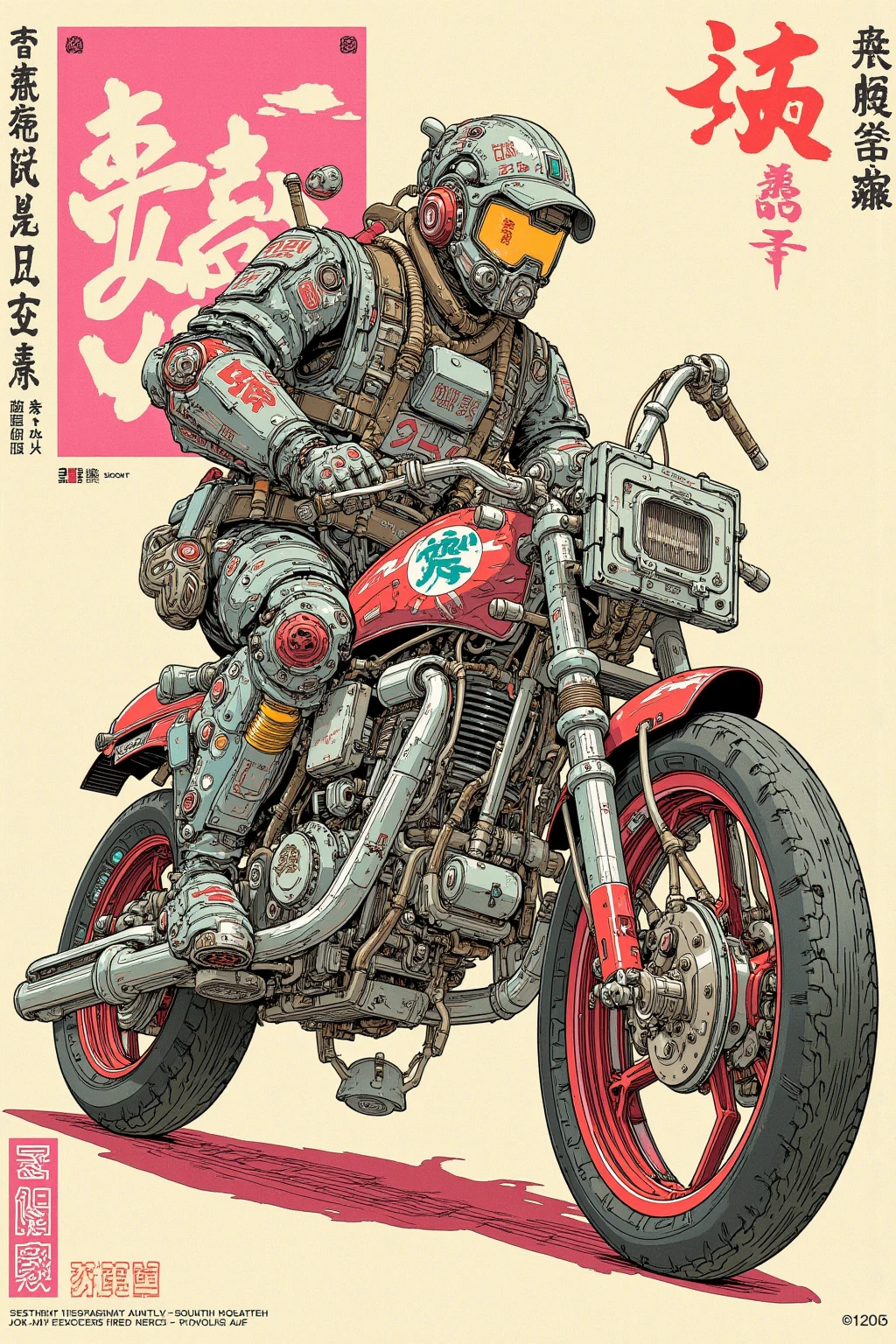  Ukiyo-e I have a picture of a Cyberpunk motorcycle ,   This is a picture with super fine details inspired by Utagawa Kuniyoshi,  ukiyo-e, Nichos  art aesthetic, Shiro Masamune style ,  Biomechanical Details ,  Hyper Detailed Illustration ,  A mix of organic matter from the anime Samurai Rider and Cyberpunk ,  detailed steampunk illustration, Nichos , Detailed Cyberpunk Rider animated illustration 