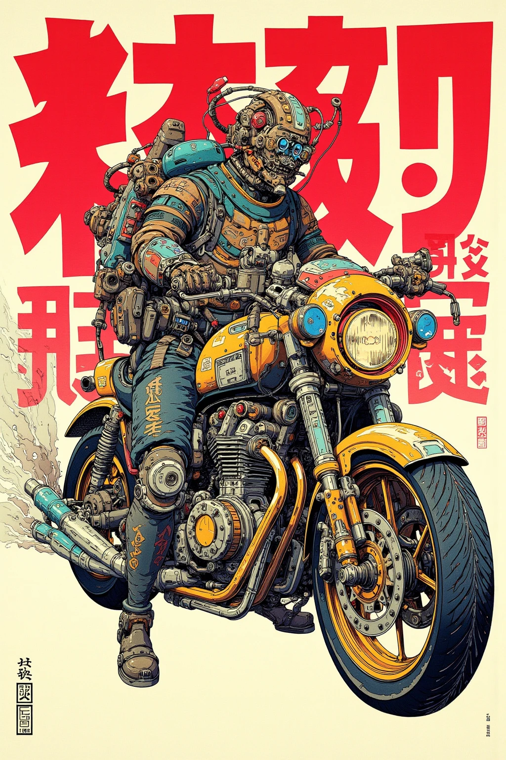  Ukiyo-e I have a picture of a Cyberpunk motorcycle ,   This is a picture with super fine details inspired by Utagawa Kuniyoshi,  ukiyo-e, Nichos  art aesthetic, Shiro Masamune style ,  Biomechanical Details ,  Hyper Detailed Illustration ,  A mix of organic matter from the anime Samurai Rider and Cyberpunk ,  detailed steampunk illustration, Nichos , Detailed Cyberpunk Rider animated illustration 