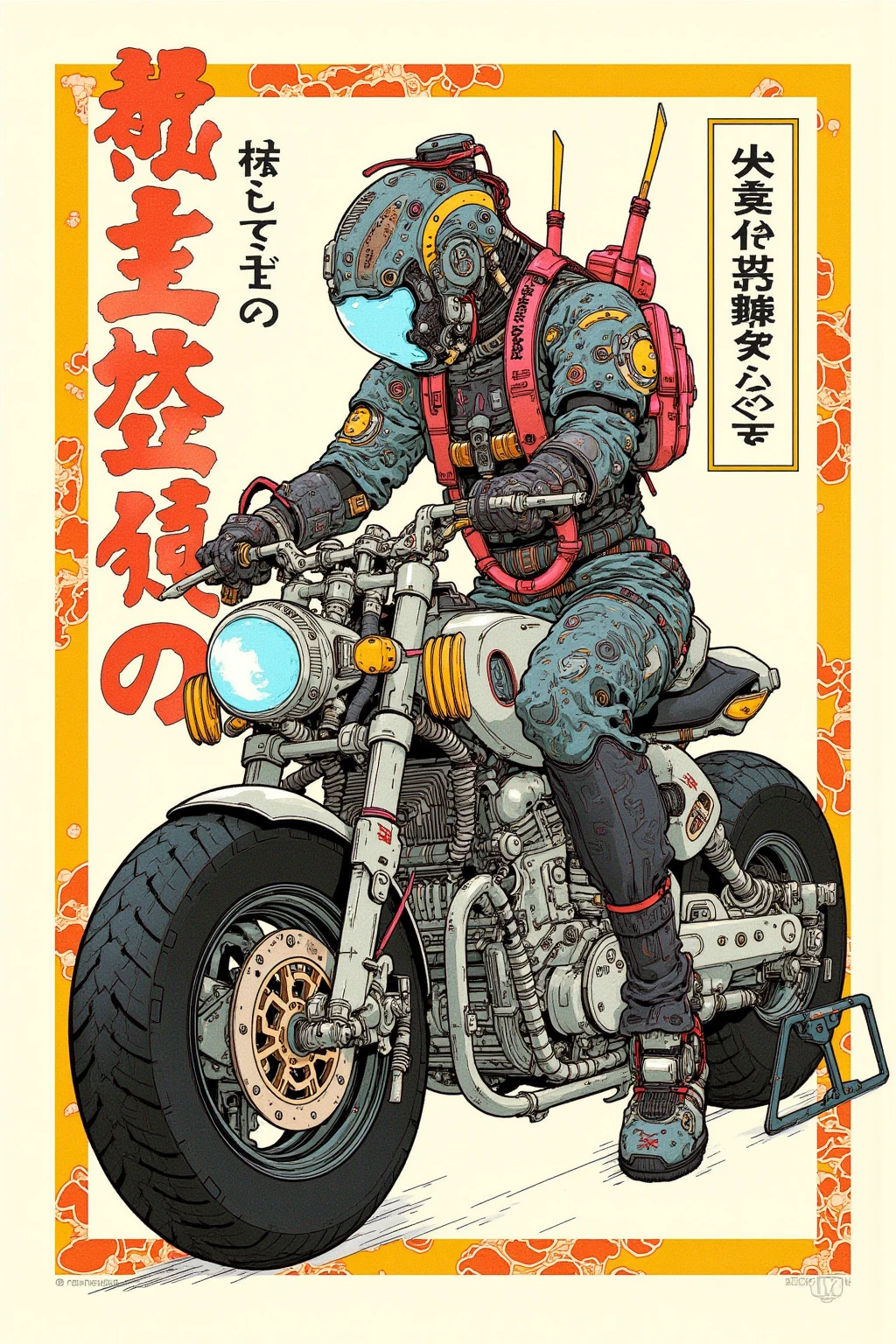  Ukiyo-e I have a picture of a Cyberpunk motorcycle ,   This is a picture with super fine details inspired by Utagawa Kuniyoshi,  ukiyo-e, Nichos  art aesthetic, Shiro Masamune style ,  Biomechanical Details ,  Hyper Detailed Illustration ,  A mix of organic matter from the anime Samurai Rider and Cyberpunk ,  detailed steampunk illustration, Nichos , Detailed Cyberpunk Rider animated illustration 