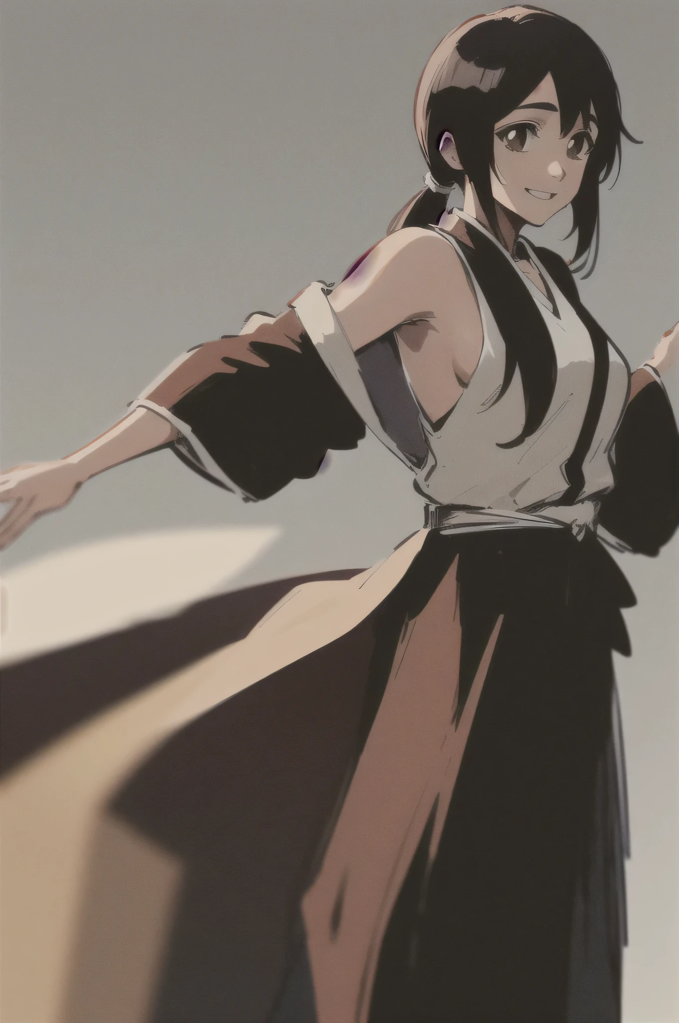 Masterpiece, top quality,
from the side 1 girl , romantic love, black hair, single, ponytail, Van Cover, brown eyes,
white sleeveless coat , Black Hakama,
smile, Alone, is looking, simple background, white background