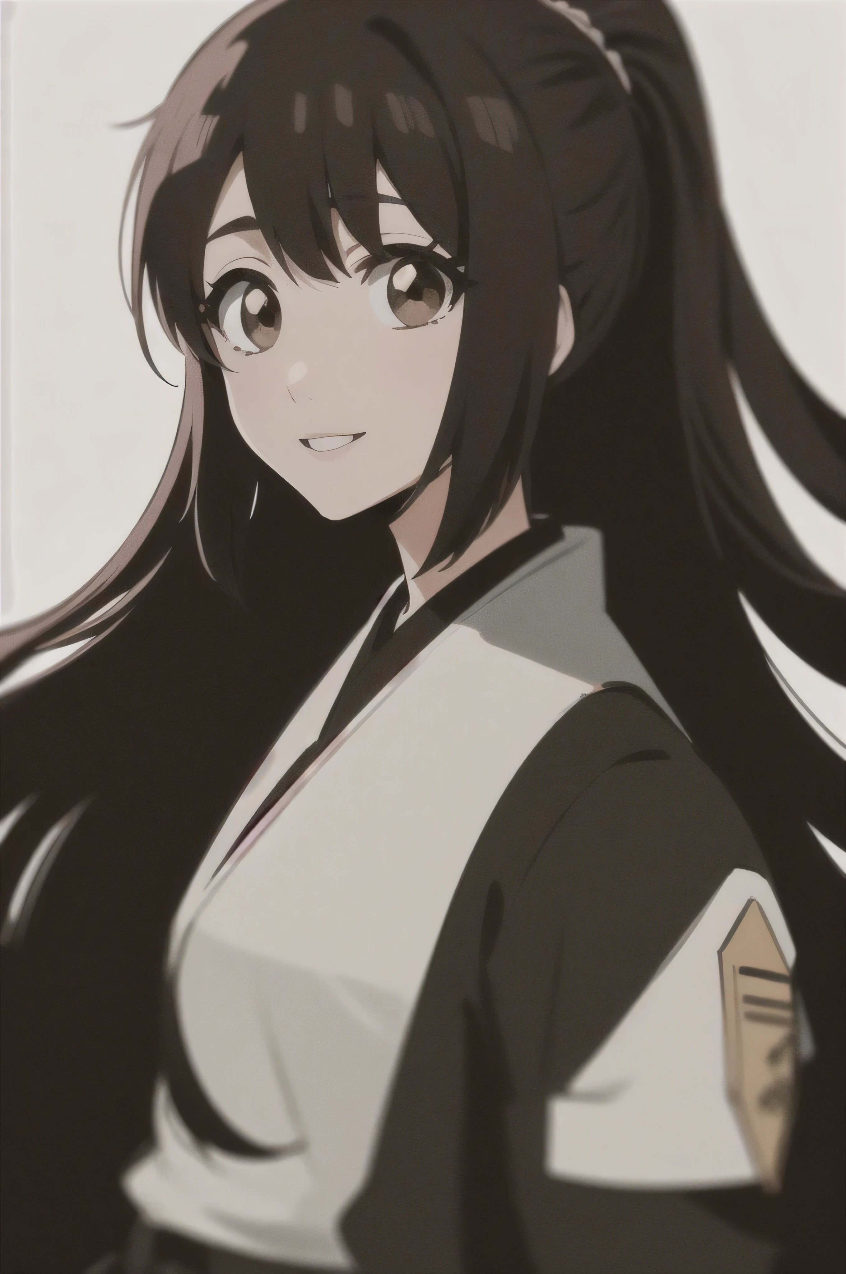 Masterpiece, top quality,
from the side 1 girl , romantic love, black hair, single, ponytail, Van Cover, brown eyes,
white sleeveless coat , Black Hakama,
smile, Alone, is looking, simple background, white background