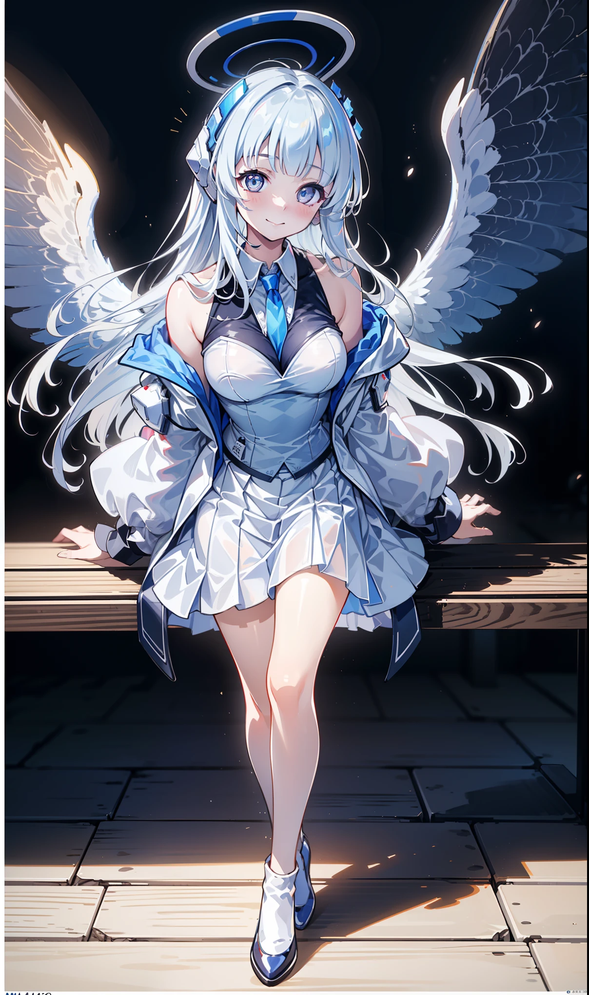 ( is of the highest quality ,4K,8K, high resolution on the bench , masterpiece :1.2), super detailed , girl ,Holy,( silver white hair ), blue eyes ,obsessed, Standing gracefully,玩得 happy ,in love, cute cloth , Delicate Garments,Miss , happy , Science fiction city background , unique , Tech Device Flying Wings