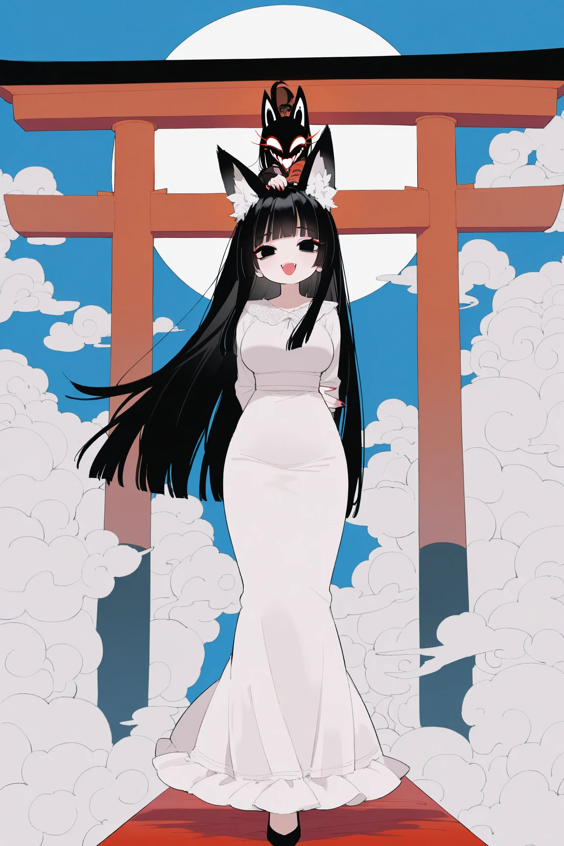 blue sky background with clouds,  Black Long Hair,  black eyes , Hime cut, Fox ears, Half moon eyes ,  soft smile, Let me talk about maiden suit ,  behind her back , Red eyeshadow under the eyes,  mature woman on operating bed, Full body shot, Single Person ,  laughing with open mouth ,  one fangs ,  giant torii , Bewitching smiling eyes, sharp nails,  beautiful fingers , red nails