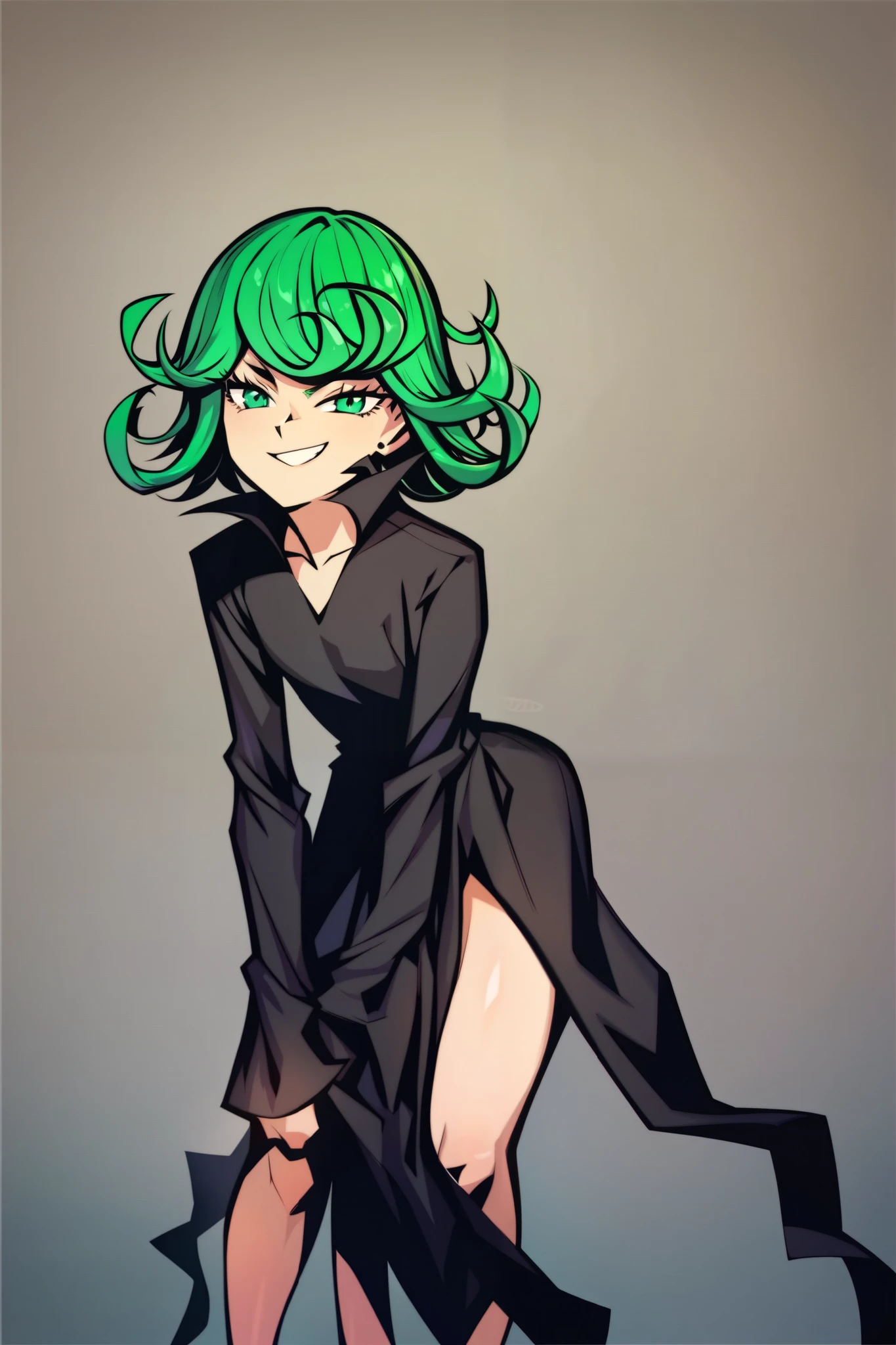 score_9, score_8_up, score_7_up, score_6_up, score_5_up, score_4_up,  
BREAK
(masterpiece: 2.0), best quality, perfect anatomy, perfect composition, perfection,
BREAK
masterpiece, best quality, zzTatsumaki, green eyes, green hair, black dress, smile, smug, cowboy shot, leaning forward, smile, looking at viewer, shiny skin,
