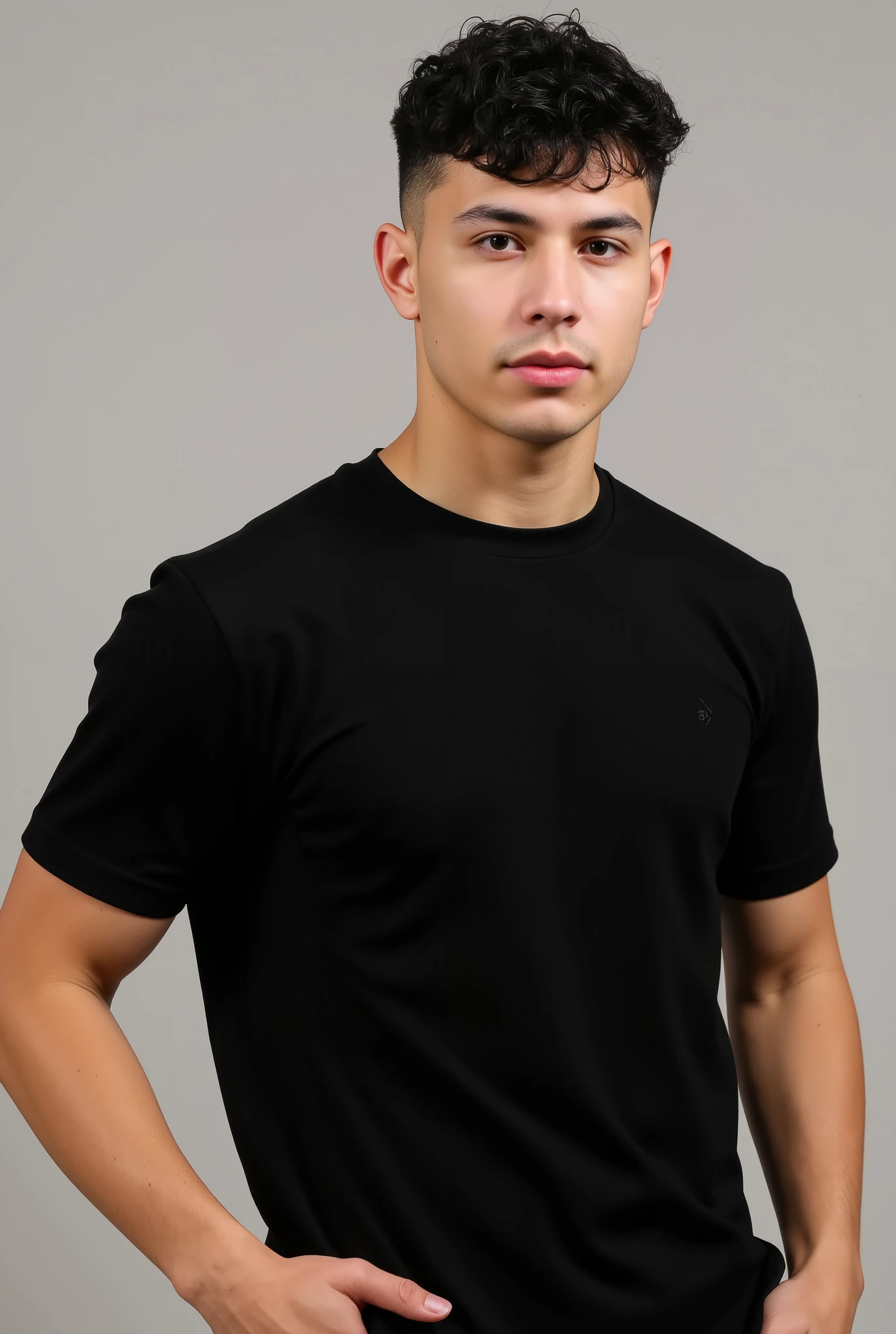 elegant man posing for a photo wearing black tailored pants and a plain black t-shirt