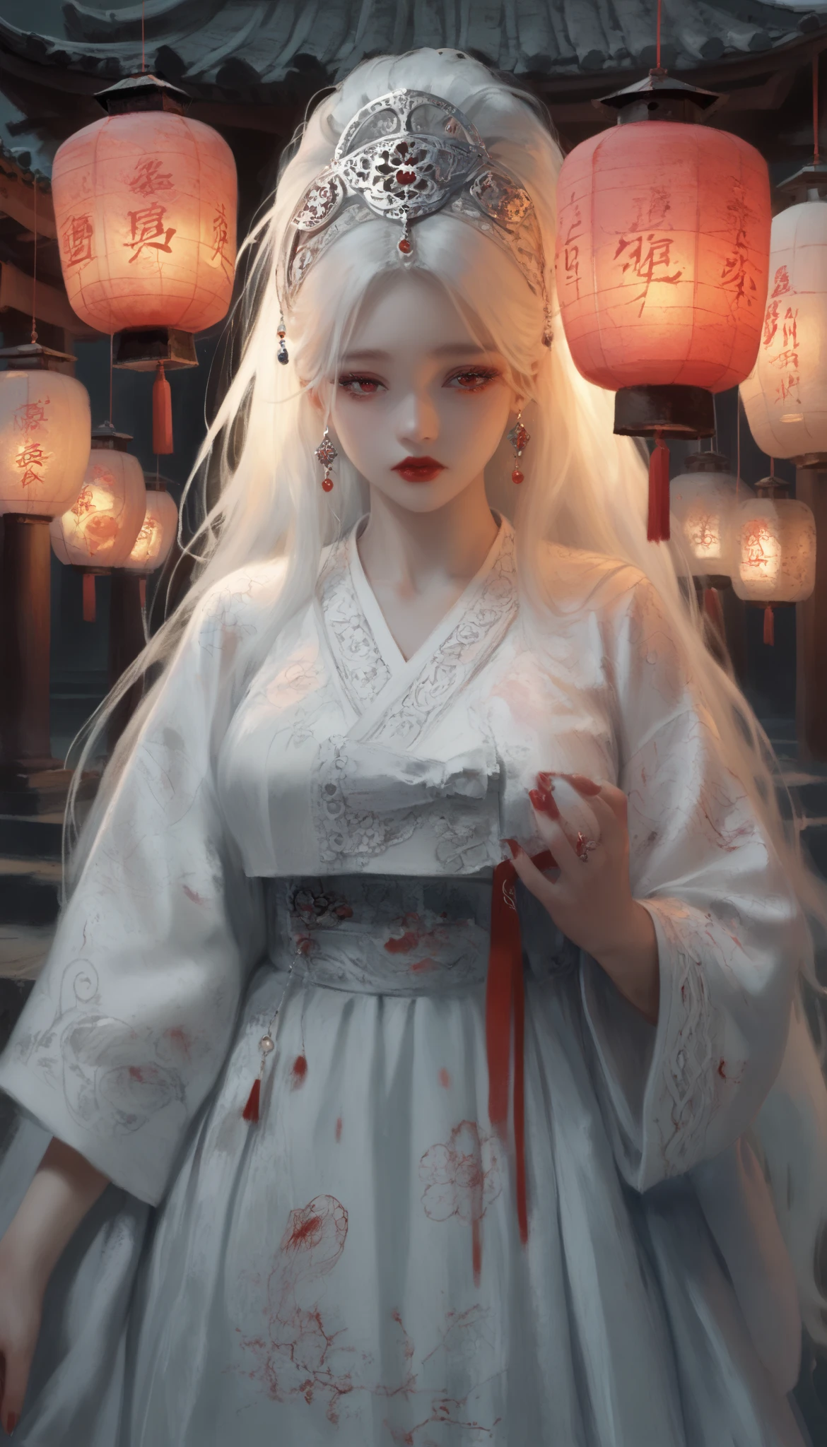 (masterpiece,   best quality  :1.2),  1 woman,   alone, Maiden Ghost Monster,   Korean , Hanbok,  White Sobu , White hair, Temple, I, (  huge boobs   :1.4),   Red Eyes, Lantern  ,   very long hair  ,  clear skin ,  Black Eye Line , Red lips, sad expression, Shedding tears of blood,  cool atmosphere, 