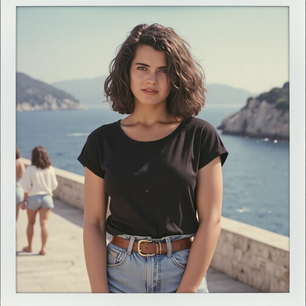 A polaroid photograph of a stunning gorgeous Italian teenager, upturned nose, straight long hair, dressed in a long black T-shirt and denim jeans, on a holiday with two friends at the Croatian coast in 1988, photorealistic, 1girl, bokeh, high quality, detailed features, photo-realistic, realistic, 4k, 8k, highres, indirect gaze, Polaroid, cinematic photo, photo from a family album, beautiful hyperrealism hyperdetailed, dressed in clothes