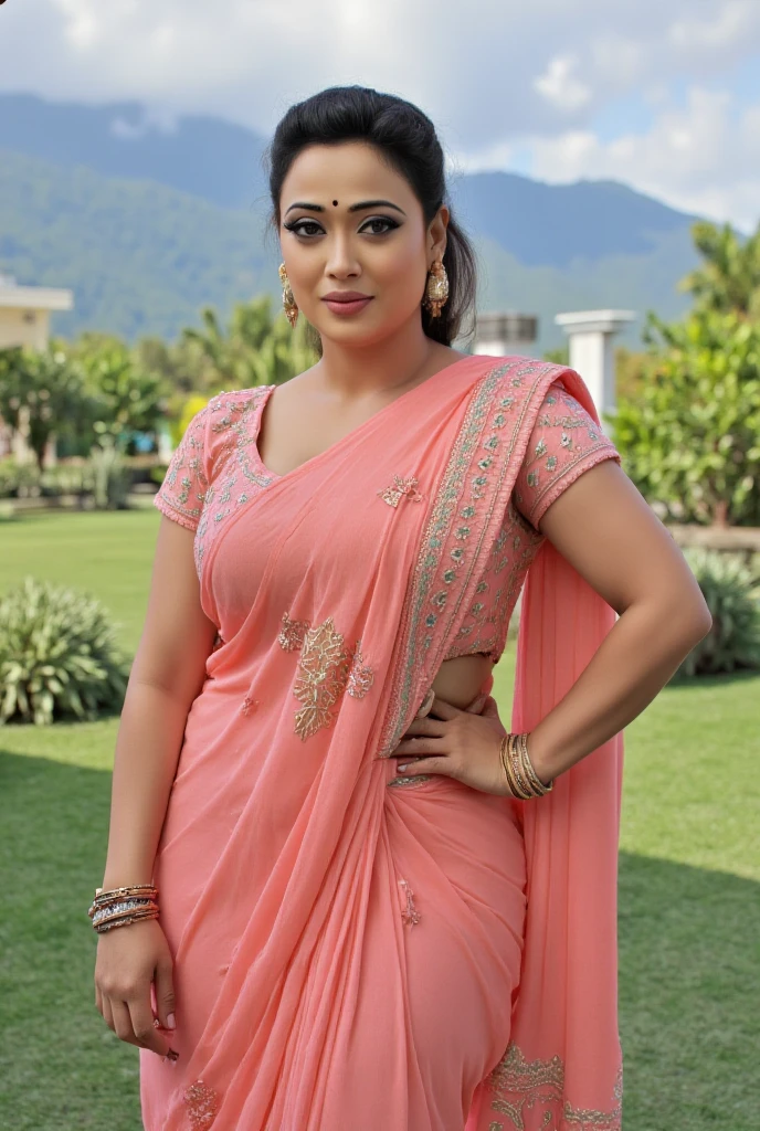 an indian gorgeous woman in full length photoshoot, 40 dd breast , wide hips,style fancy saree and bra cut blouse, tight breasts,very big boobs,plus size, thik hips,big breast, realistic full bodu photo, huge curvy wife, nudity style , backgrounds mountain view 