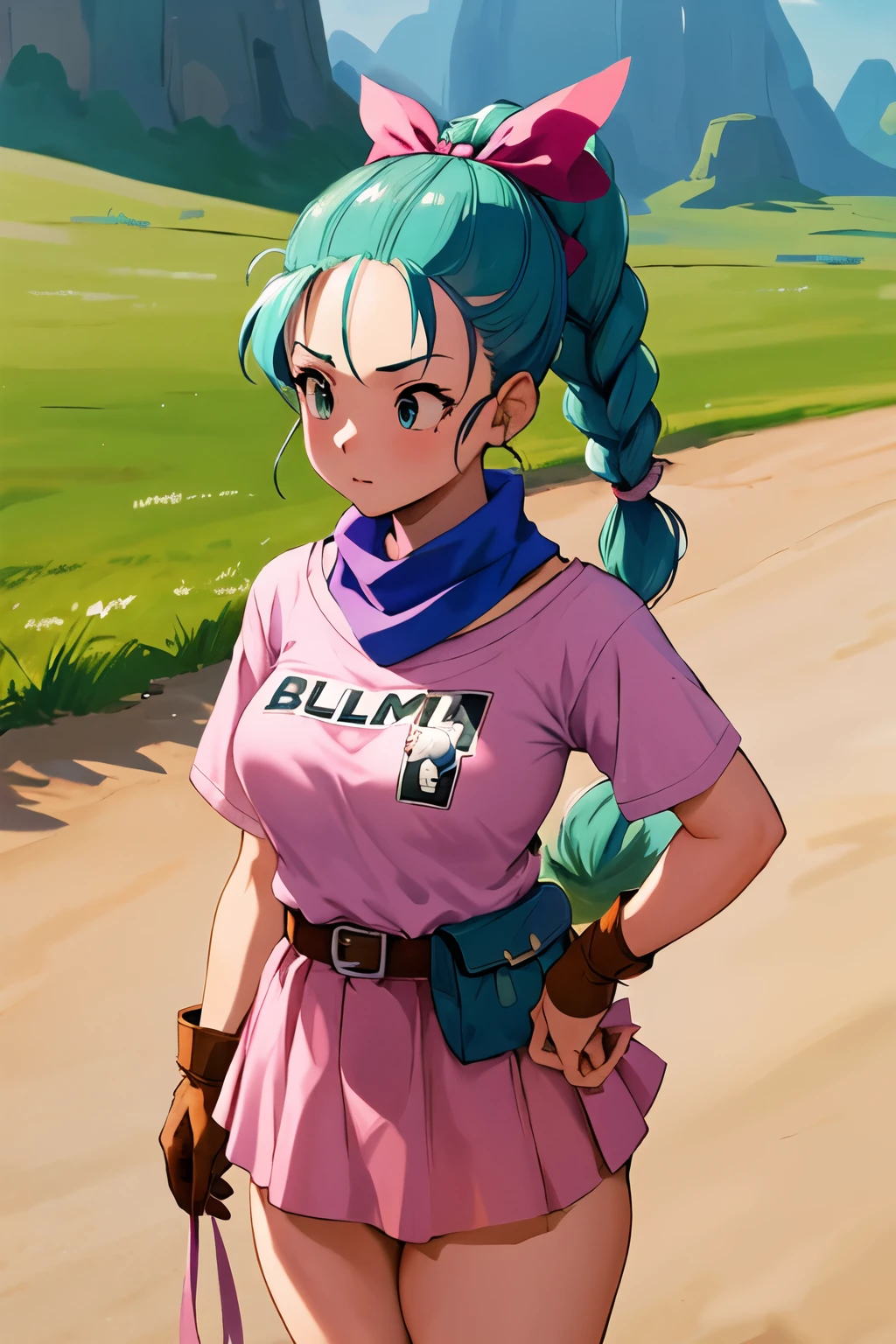 masterpiece, top-quality, hight resolution, dragon balls, blmpony, aqua hair, Hair Ribbon, braided ponytails, Pink shirt torn open, a belt, scarf, Pink skirt, Writing on clothes, Brown gloves, medium chest, plein air, cowboy shot, nsfw,white panties, showing ass, bra, big breasts