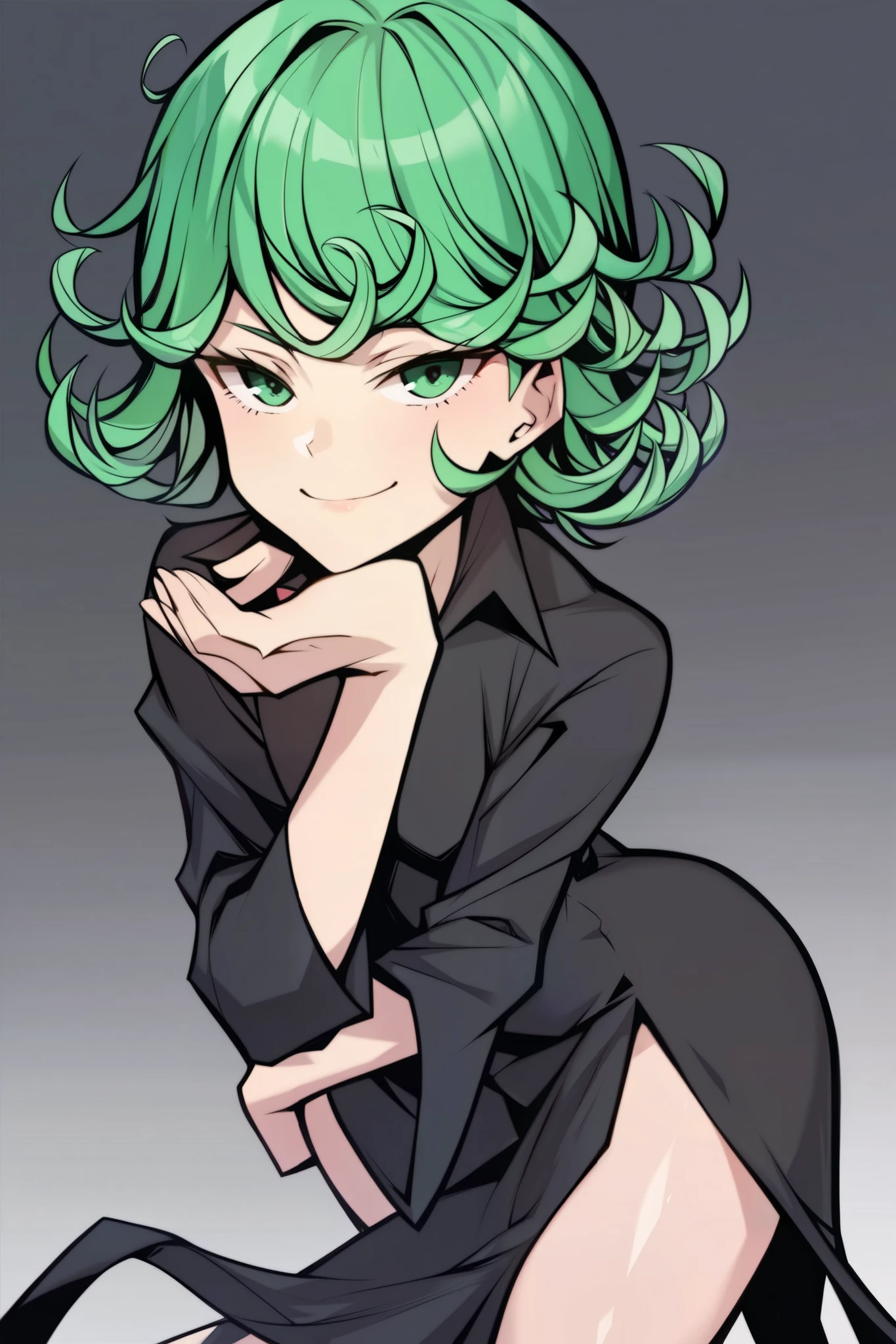 score_9, score_8_up, score_7_up, score_6_up, score_5_up, score_4_up,  
BREAK
(masterpiece: 2.0), best quality, perfect anatomy, perfect composition, perfection,
BREAK
masterpiece, best quality, zzTatsumaki, green eyes, green hair, black dress, smile, smug, cowboy shot, leaning forward, smile, looking at viewer, shiny skin,
