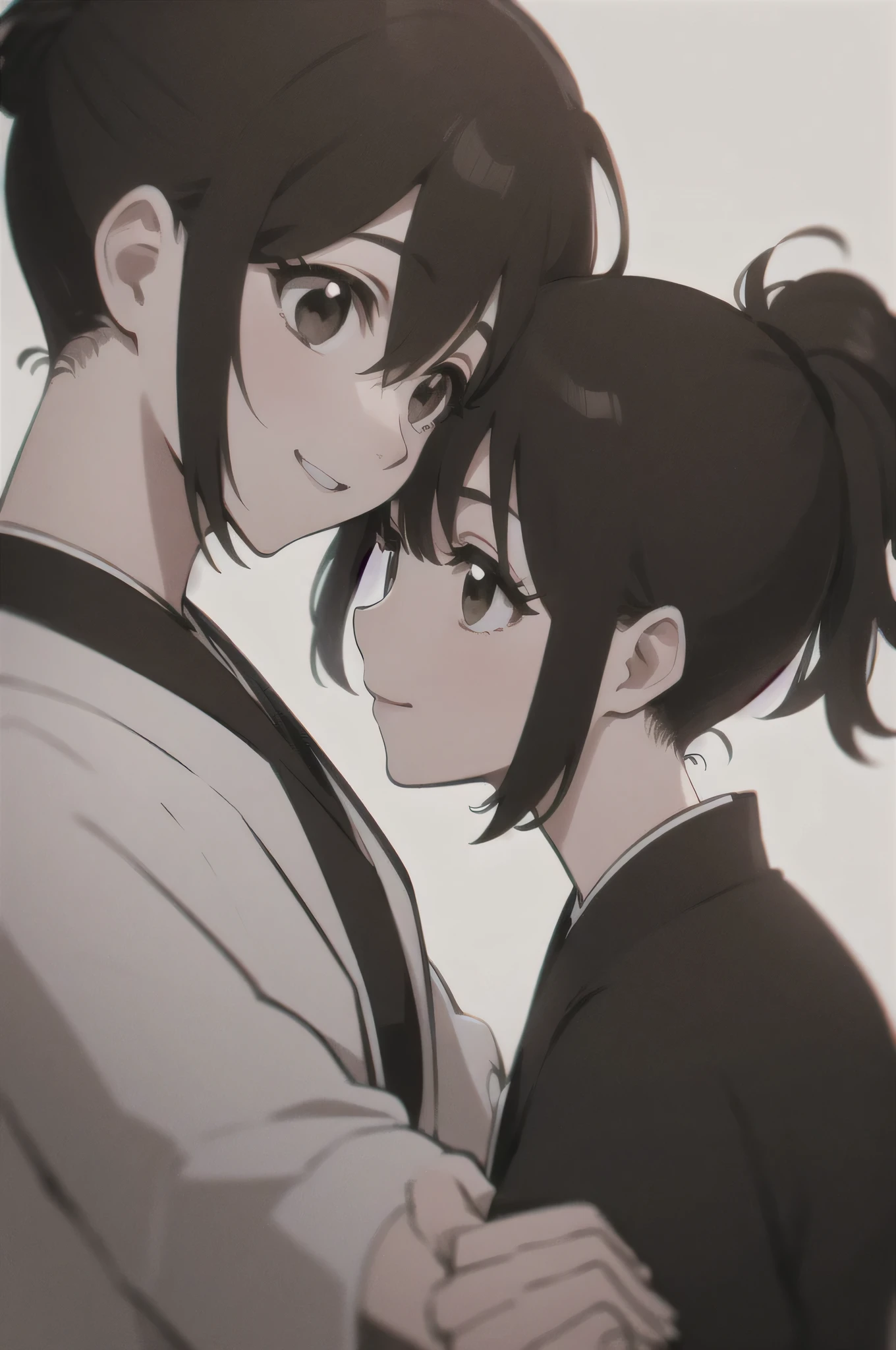 Masterpiece, top quality,
from the side 1 girl , romantic love, black hair, ponytail, Van Cover, brown eyes, kimono,white sleeveless coat , Black Hakama, black kimono ,
smile, Alone, is looking, simple background, white background