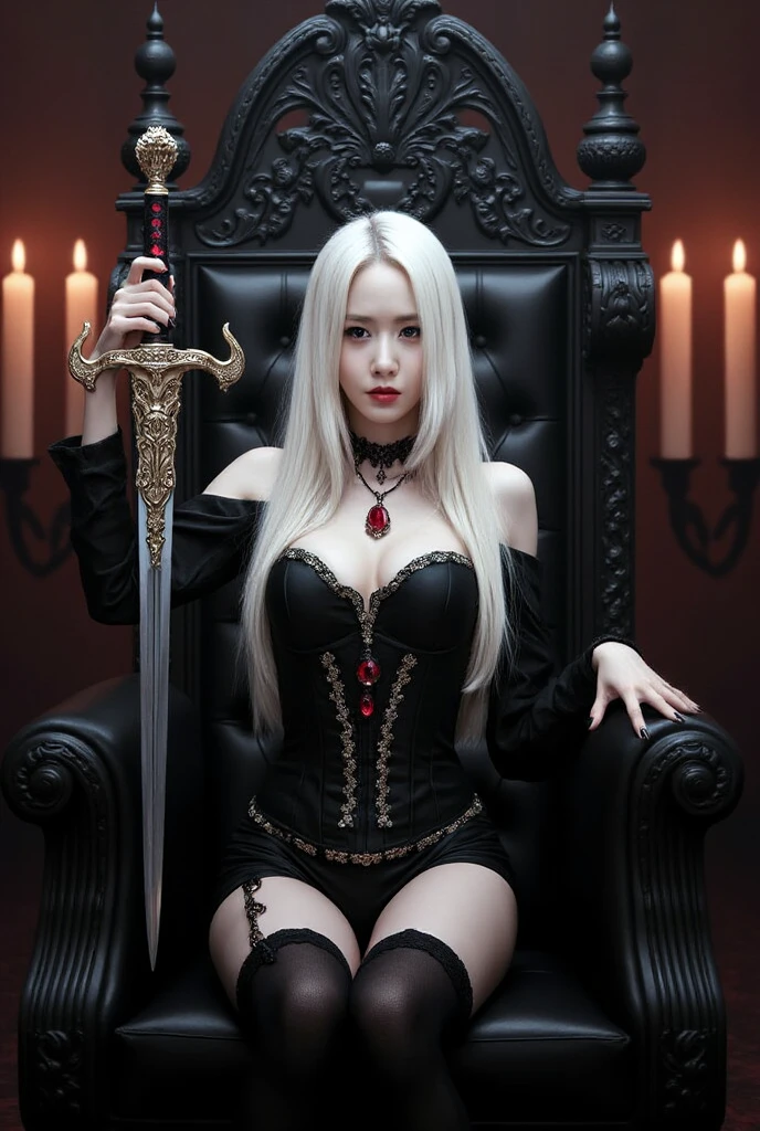 Image is a digital fantasy artwork featuring a gothic, medieval style. The layout centers on a woman seated on an ornate, dark throne with intricate carvings. She has long, flowing white hair and pale skin, with striking red eyes that stand out against her complexion. Her attire is a black, intricately designed corset with metallic accents, adorned with red gemstones that match the pendant around her neck. Her expression is intense and commanding. The background is dimly lit, with glowing candles adding a warm, ambient light. The overall atmosphere is mysterious and dark, enhanced by the presence of a large, decorative sword held upright in her hand. The setting suggests a regal, yet ominous environment, with a focus on the character's powerful and enigmatic presence. S1n0z1ck style, mythp0rt, samurai .glasses ,ct-biskitity,ct-kds,ct-chasartre,ct-abu,ct-dbe,ct-jennie,ct-vituajis